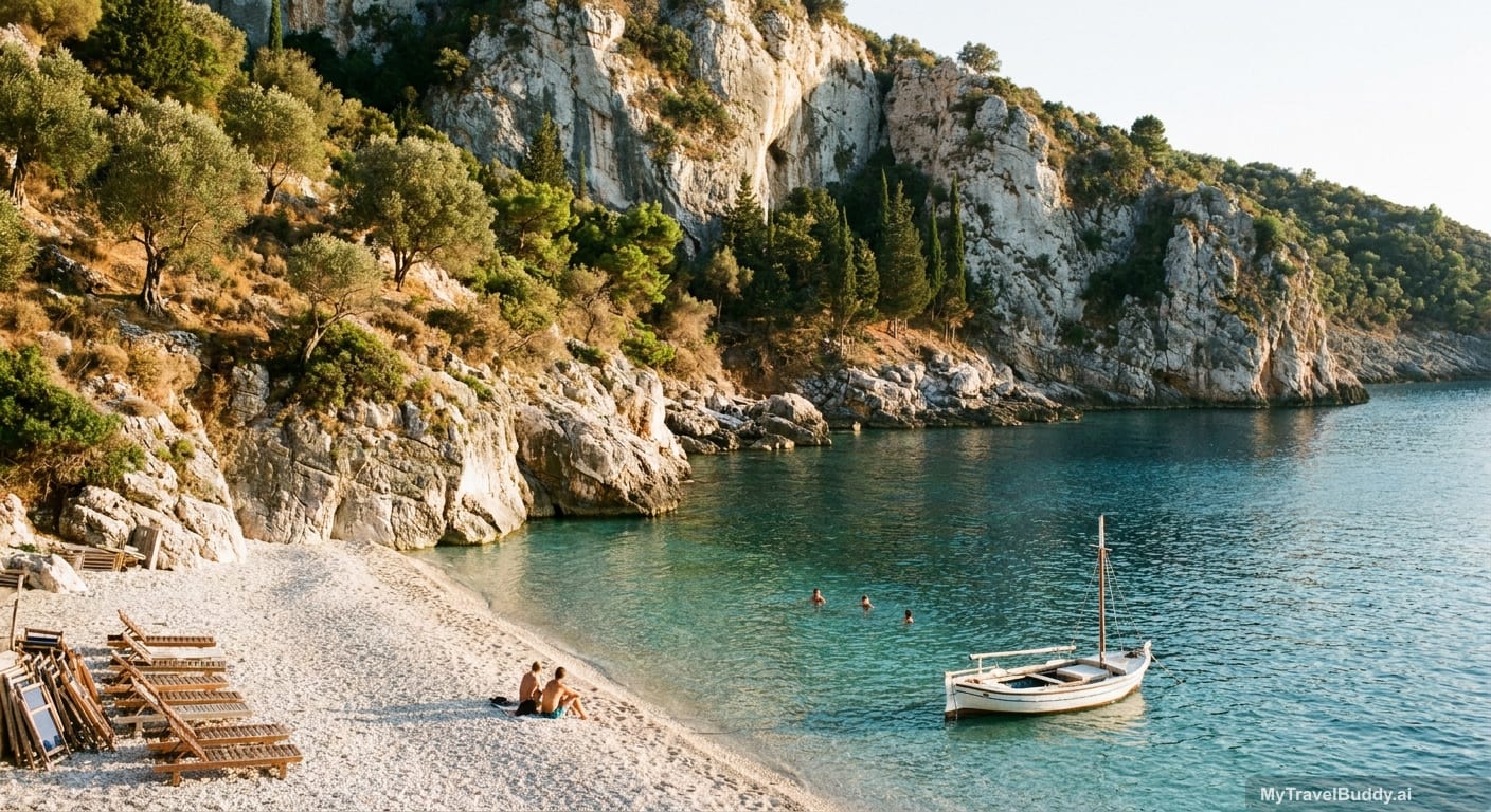 A small pebble cove on the Albanian Riviera in late afternoon: clear turquoise water, pale limestone cliffs above the beach covered in olive trees and dark cypresses, a few swimmers out in the bay, a single white wooden fishing boat moored close to shore, and wooden sun loungers folded and stacked at the near end of the beach.
