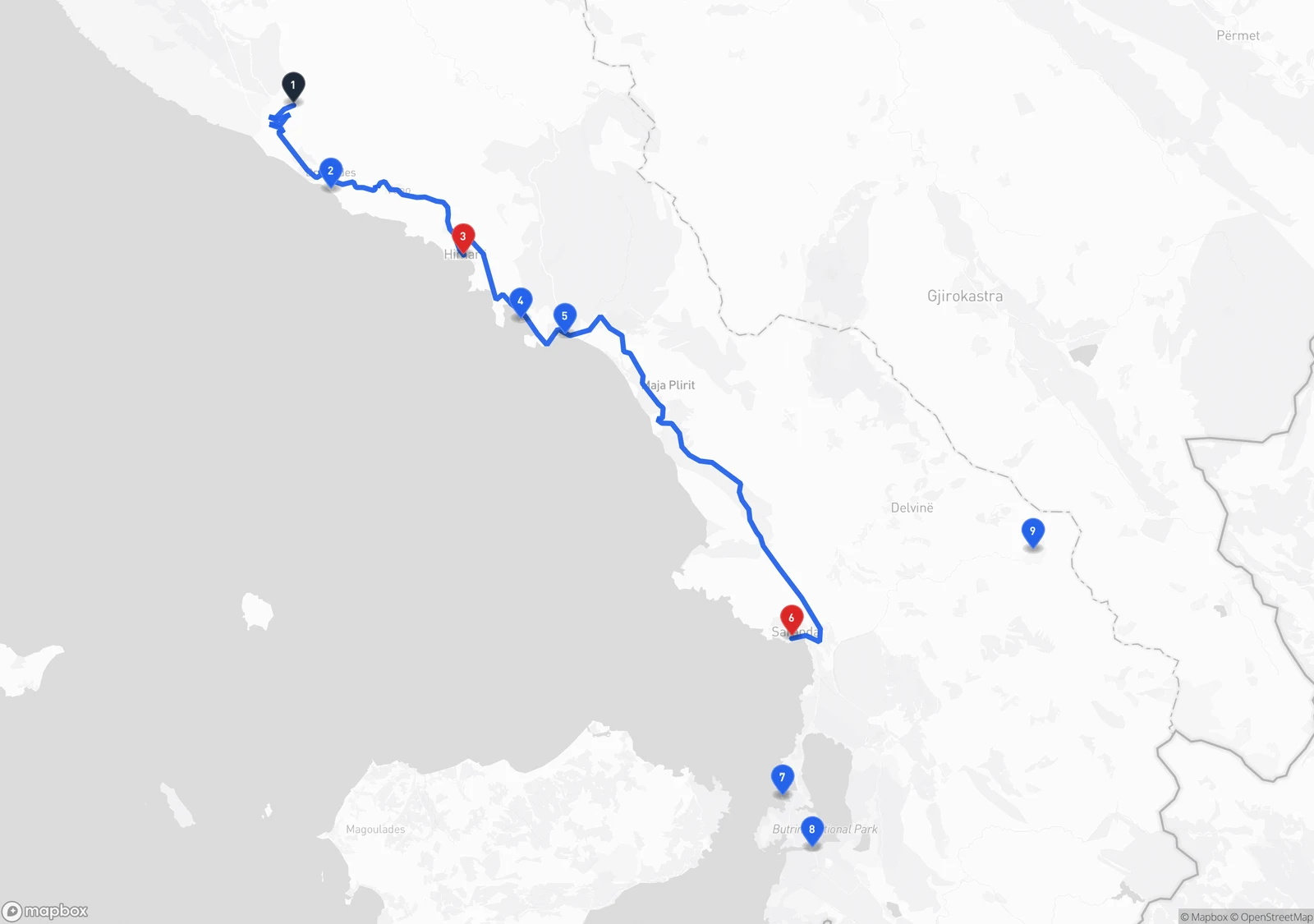 Map of the Albanian Riviera showing the coast road in blue running from Llogara Pass in the north down through Dhermi, Himare, Porto Palermo and Qeparo to Sarande, with Ksamil and the Butrint archaeological park on the southern peninsula and the Blue Eye spring marked inland to the east.