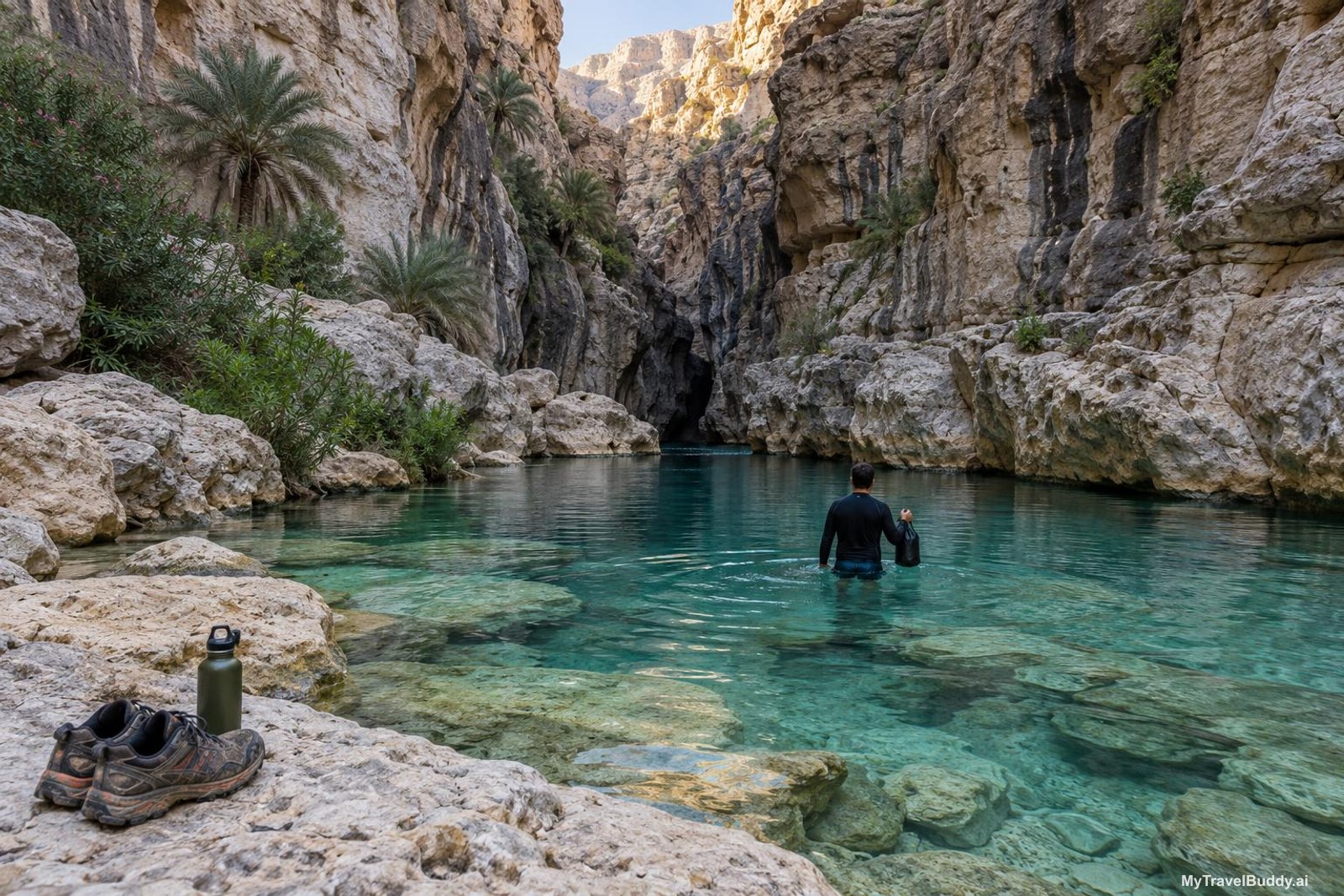 A narrow limestone gorge in Oman with a clear turquoise pool filling the canyon floor. Pale buff and grey cliffs rise steeply on both sides, with date palms and green oleander on the lower ledges. One person in a dark long-sleeved top wades waist-deep away from the camera toward a shadowed slot in the far rock wall, holding a small dry bag above the water. Worn trail shoes and a water bottle sit on a dry limestone slab in the foreground.