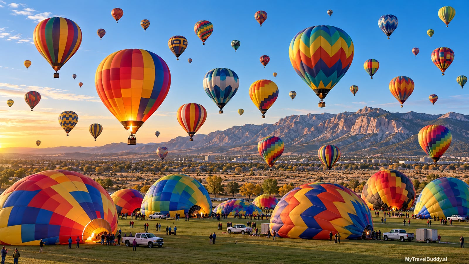 A mass ascension of dozens of brightly coloured hot-air balloons over a high-desert valley in early morning light. Several balloons are still half-inflated on a broad mown green launch field in the foreground, with crew and white pickup trucks beside them, while others climb into a clear blue sky. A long bare granite mountain ridge runs along the horizon above a low city skyline.