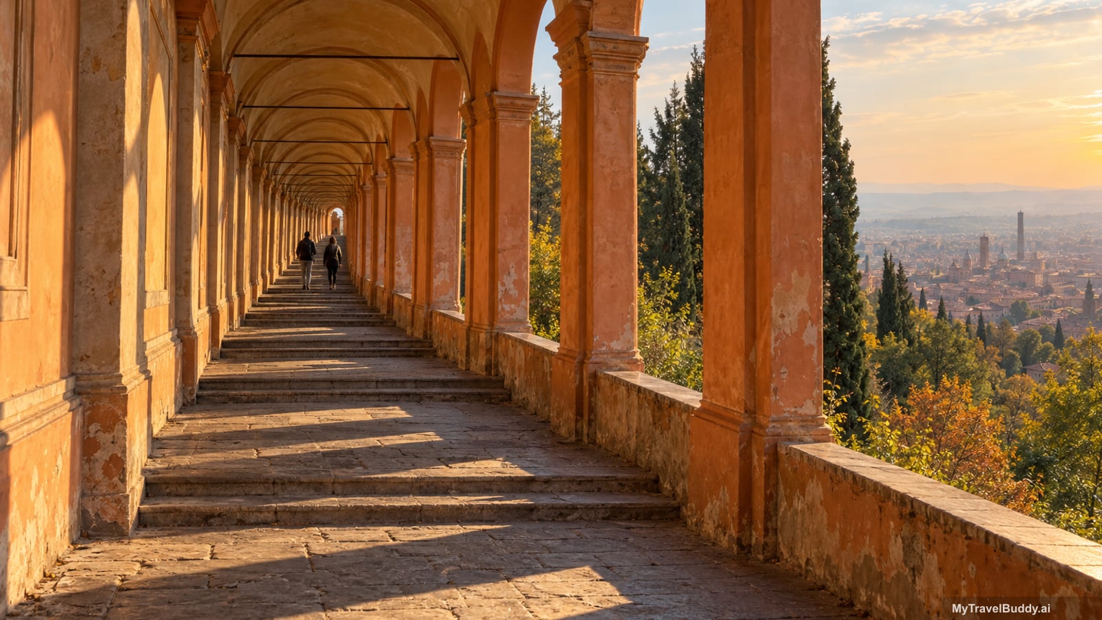 Looking up the inside of the Portico di San Luca in Bologna at golden hour. A long arcade of ochre and terracotta plastered arches recedes uphill into the distance, its vaulted ceiling curving overhead and worn stone steps rising along the walkway. Low sunlight slants through the open right-hand side, laying bars of gold across the paving, with cypresses, autumn foliage and a hazy view over the rooftops of Bologna beyond the columns. Two small figures walk uphill far down the arcade.