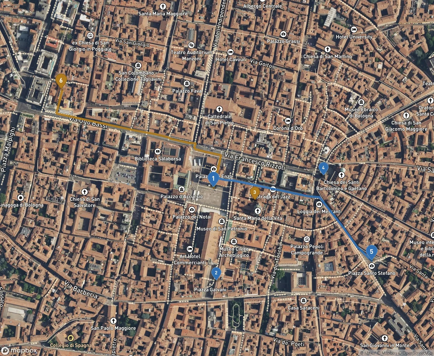 Satellite map of Bologna's historic centre. Piazza Maggiore is marked 1 in the middle, with the Portico del Pavaglione marked 2 just south of it. The Quadrilateral market lanes around Via Pescherie Vecchie are marked 3 to the east, the Two Towers marked 4 further east, and Piazza Santo Stefano marked 5 to the southeast. A gold line runs northwest along Via Ugo Bassi to the Mercato delle Erbe, marked 6. Dense terracotta rooftops fill the frame.