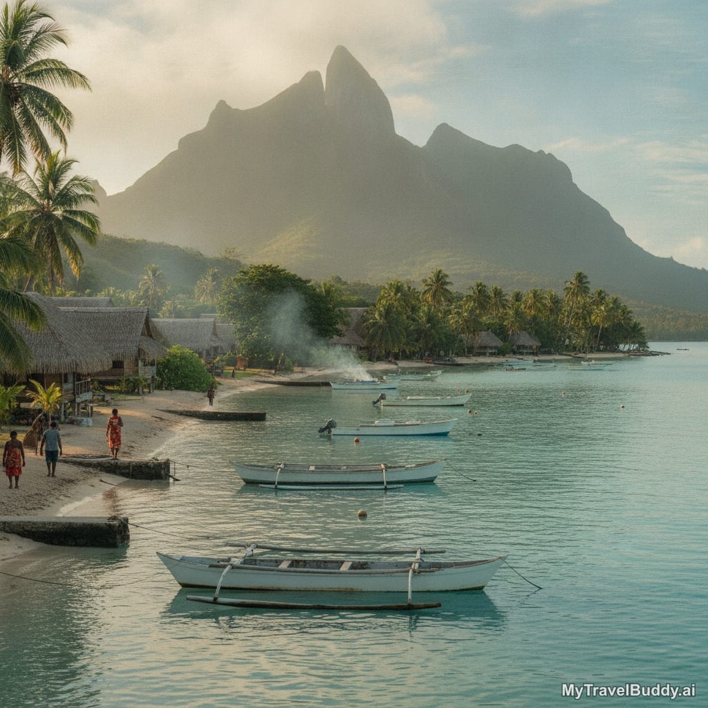 Bora Bora lagoonfront village life with small boats, palms, and Mount Otemanu in morning light.