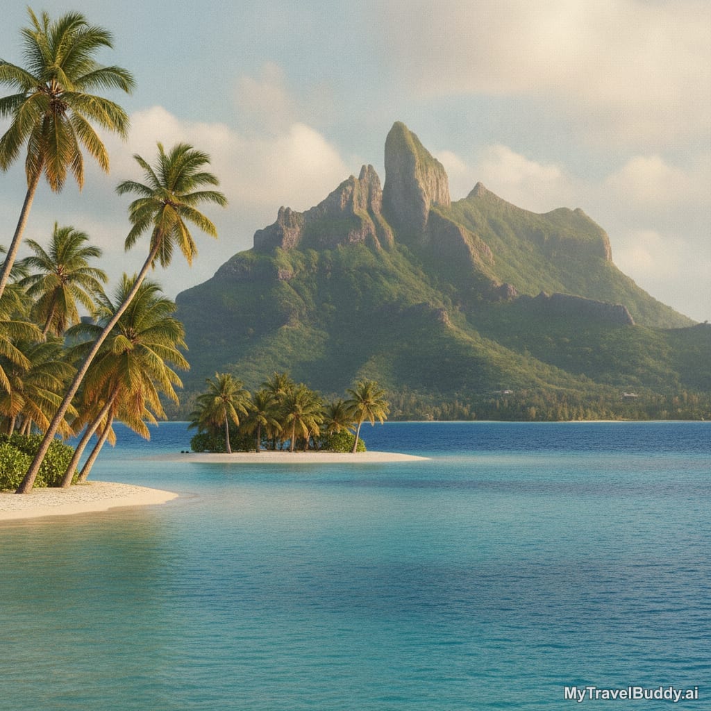 Mount Otemanu rising above Bora Bora lagoon, palms, white sand, and shifting blue water.