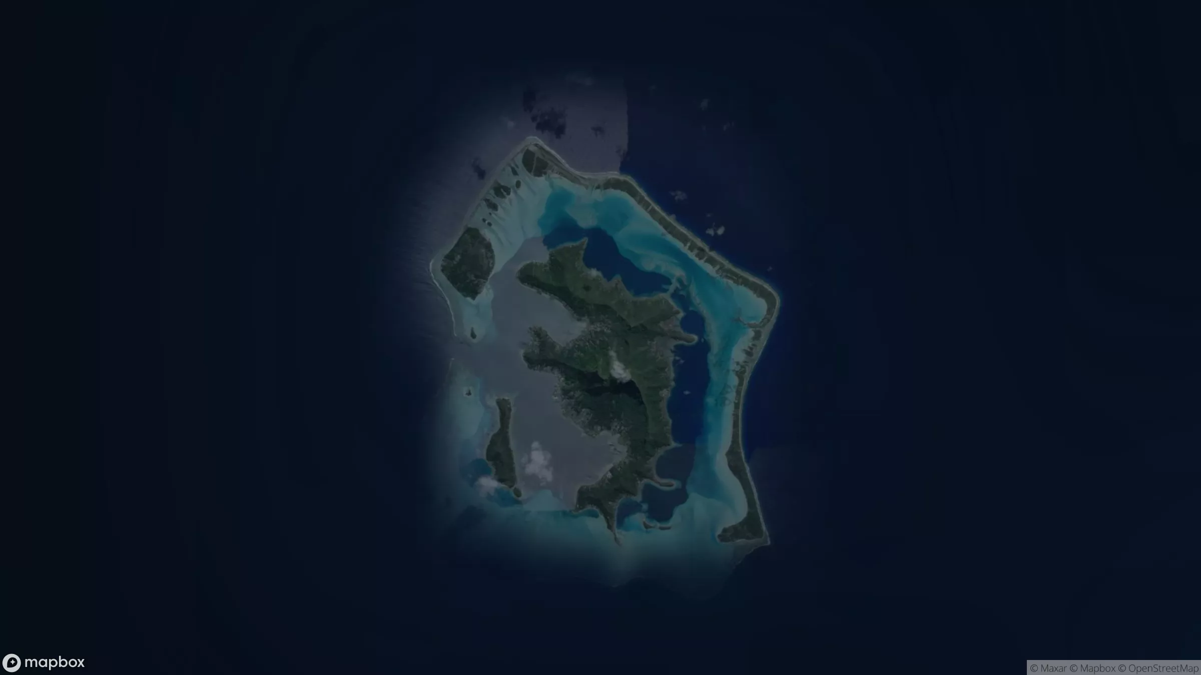 Satellite map of Bora Bora showing the central volcanic island, surrounding lagoon, barrier reef, motu, and deep Pacific water.