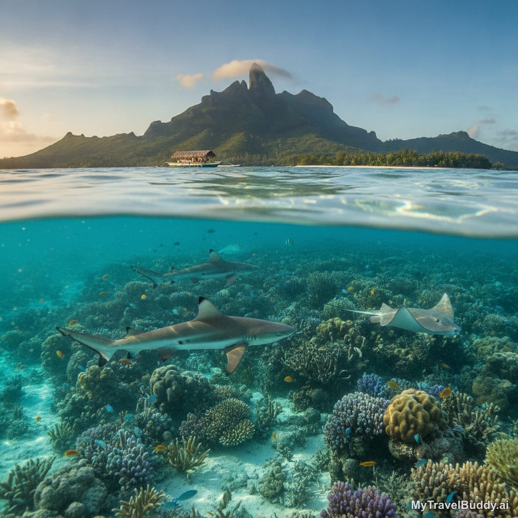 Blacktip reef sharks and a stingray swimming above coral in clear Bora Bora lagoon water.