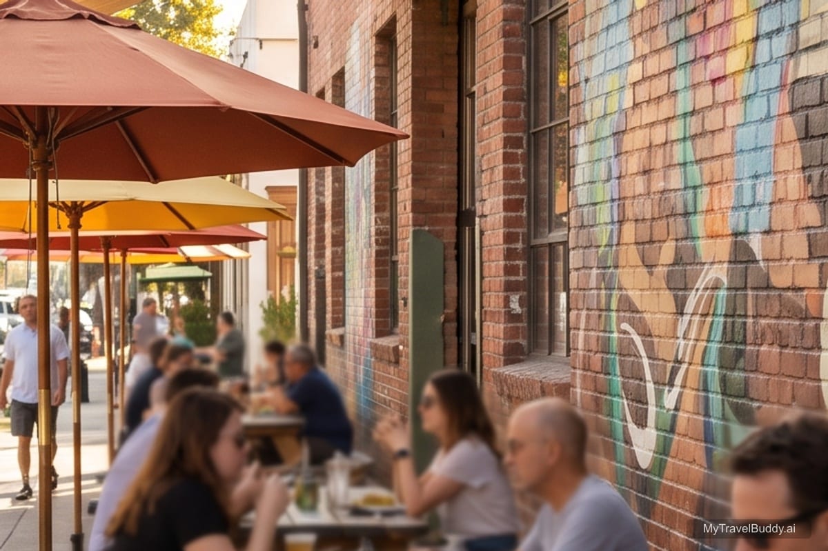 A sunny Funk Zone patio with brick walls, umbrellas, mural color, and relaxed lunch tables.