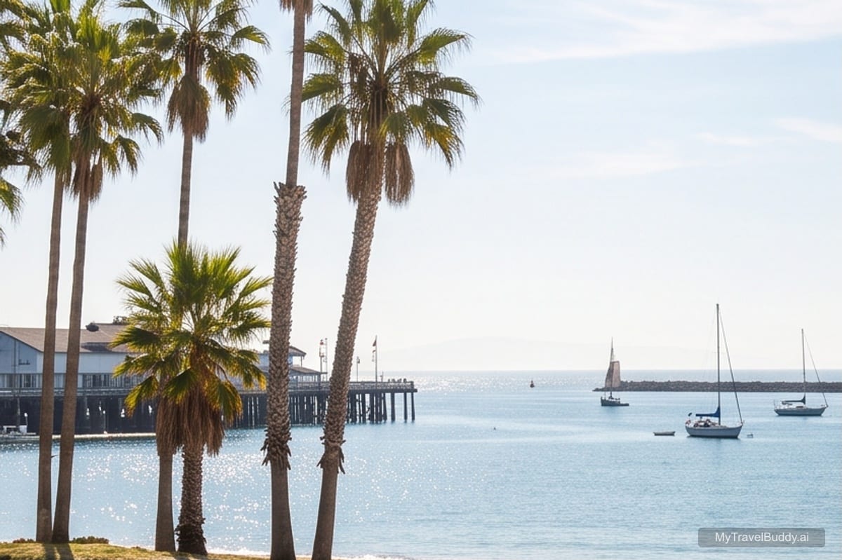 Palm trees, beach, sailboats, and soft morning light along the Santa Barbara waterfront.