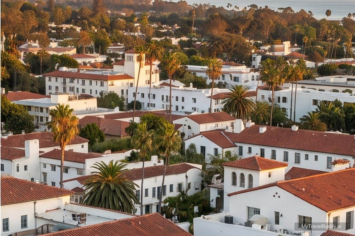 Santa Barbara red-tile rooftops, white stucco buildings, palms, and ocean light from above downtown.