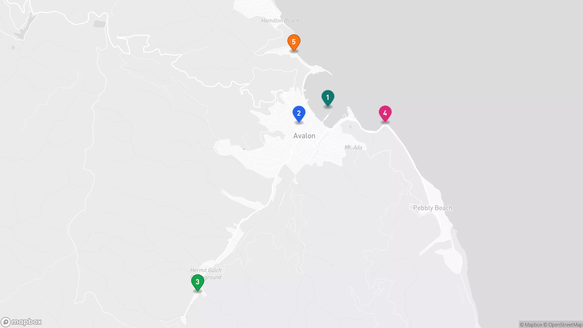 Numbered static map of an Avalon day trip with stops at the harbor, Catalina Museum, Wrigley Memorial and Botanic Garden, Lover's Cove, and Descanso Beach Club.