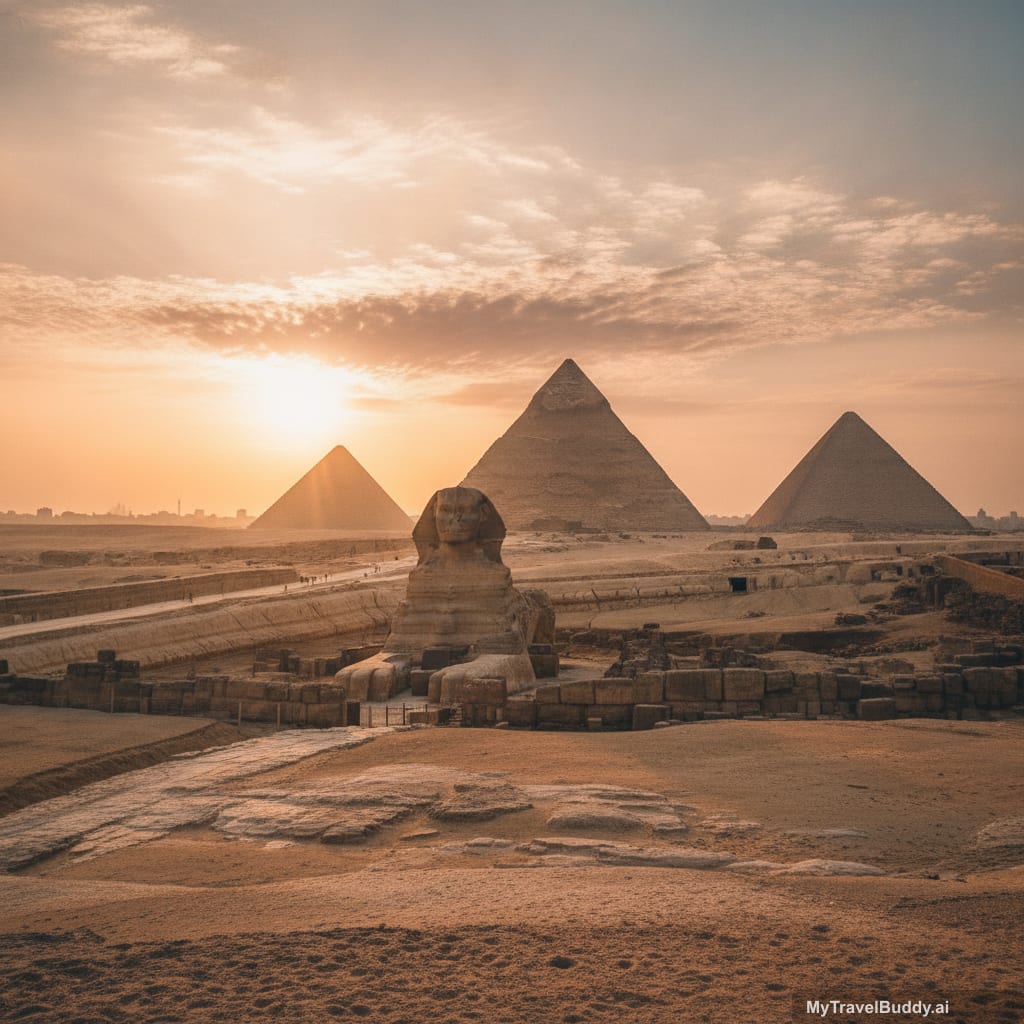 Day 2 at Giza with morning light over the pyramids and desert plateau.
