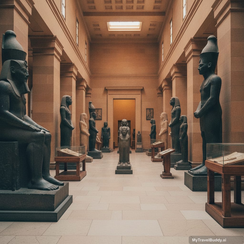 Day 3 museum-focused Cairo scene with artifact halls and warm stone interiors.