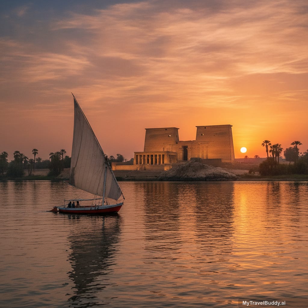 Day 6 in Aswan with Philae temple approach and felucca sails at sunset.