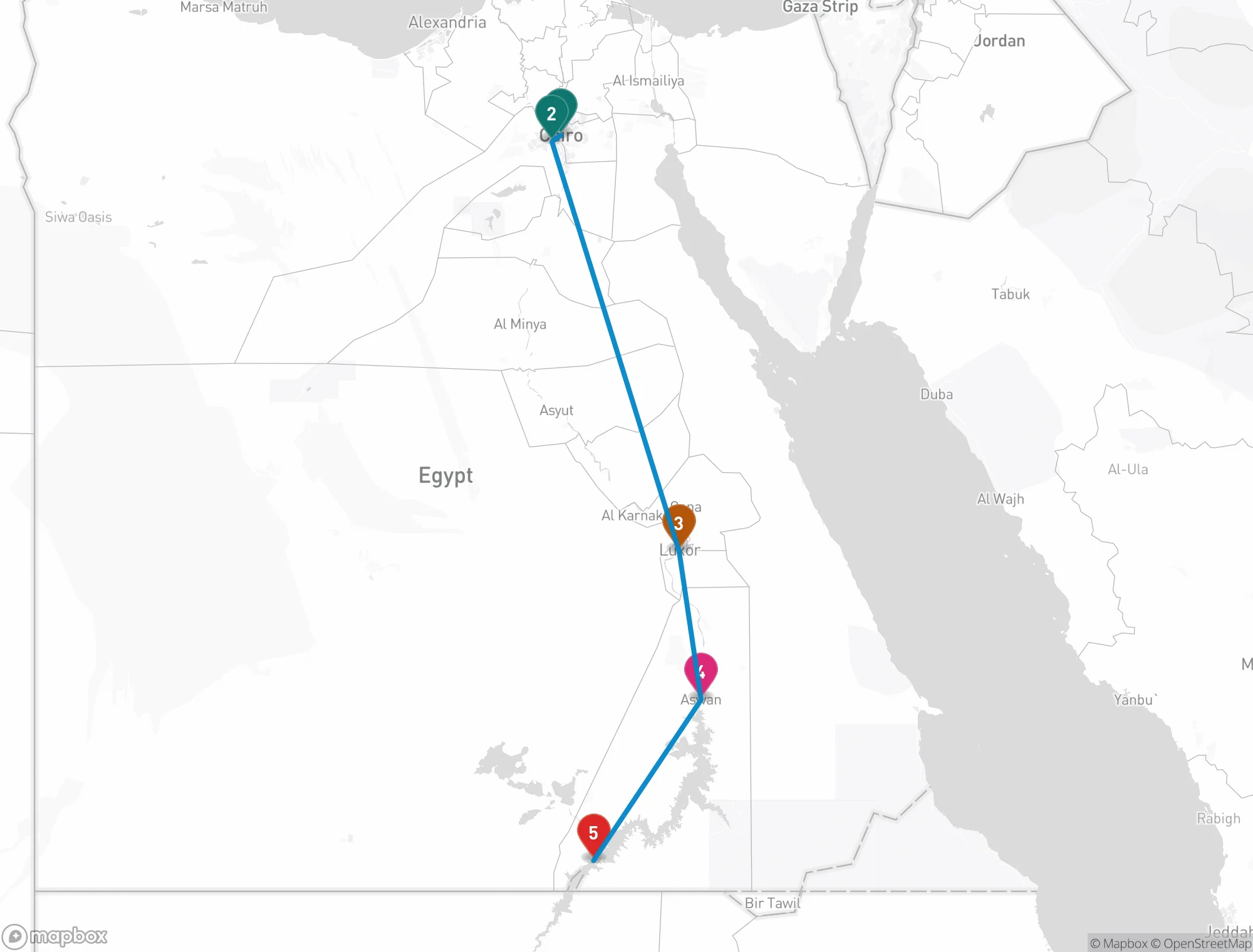 Map of a 7-day Egypt route with markers for Cairo, Giza, Luxor, Aswan, and Abu Simbel, connected southbound along the Nile corridor.