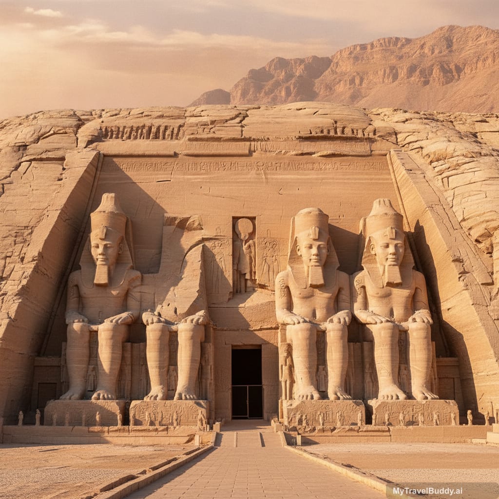 Day 7 at Abu Simbel with monumental facades under clear morning desert light.