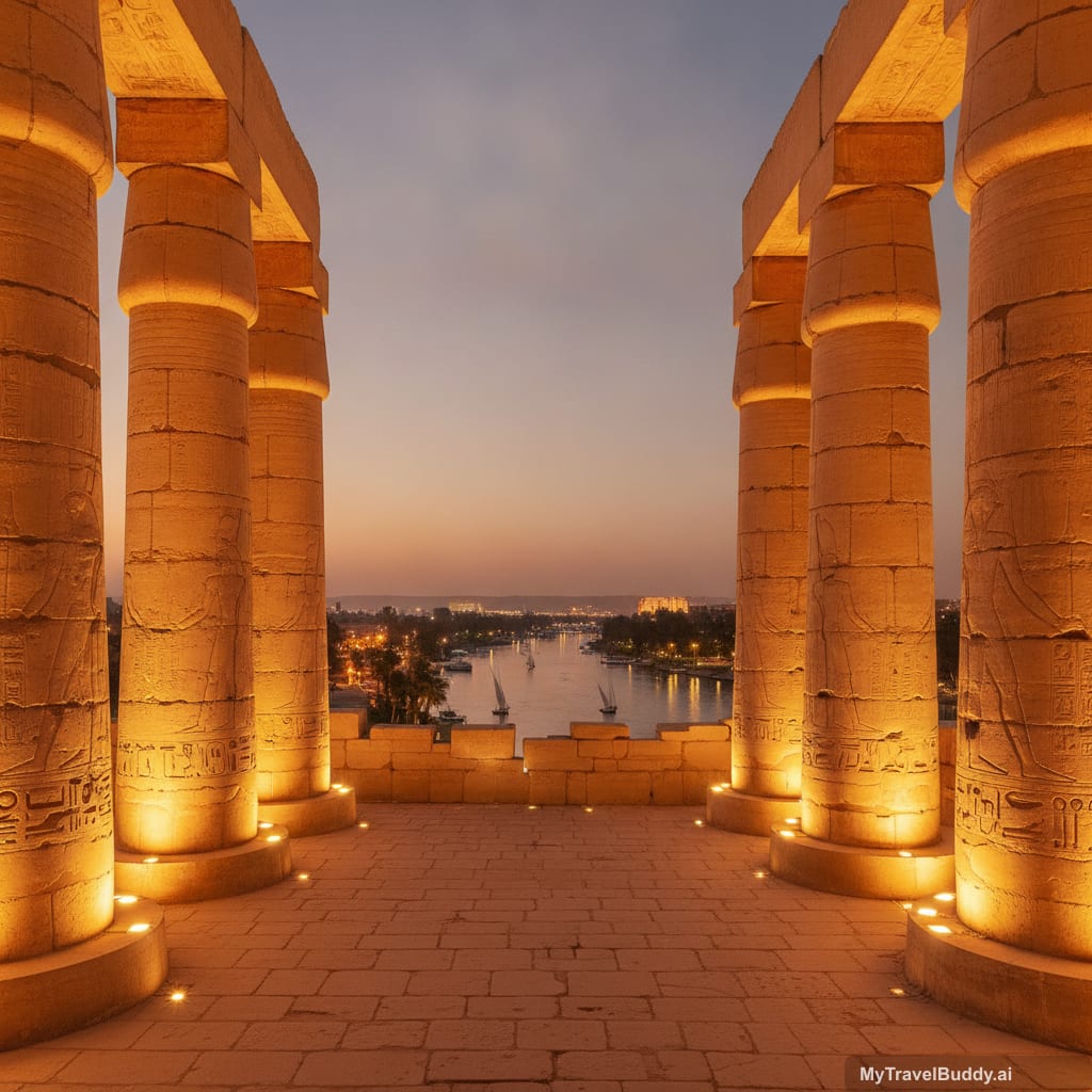 Day 5 with Karnak columns and evening temple glow along the Nile.