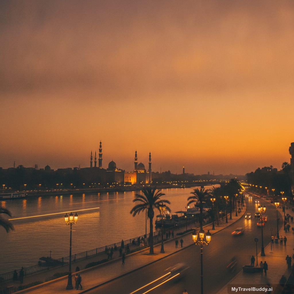 Day 1 in Cairo at golden hour with Nile lights and calm evening streets.