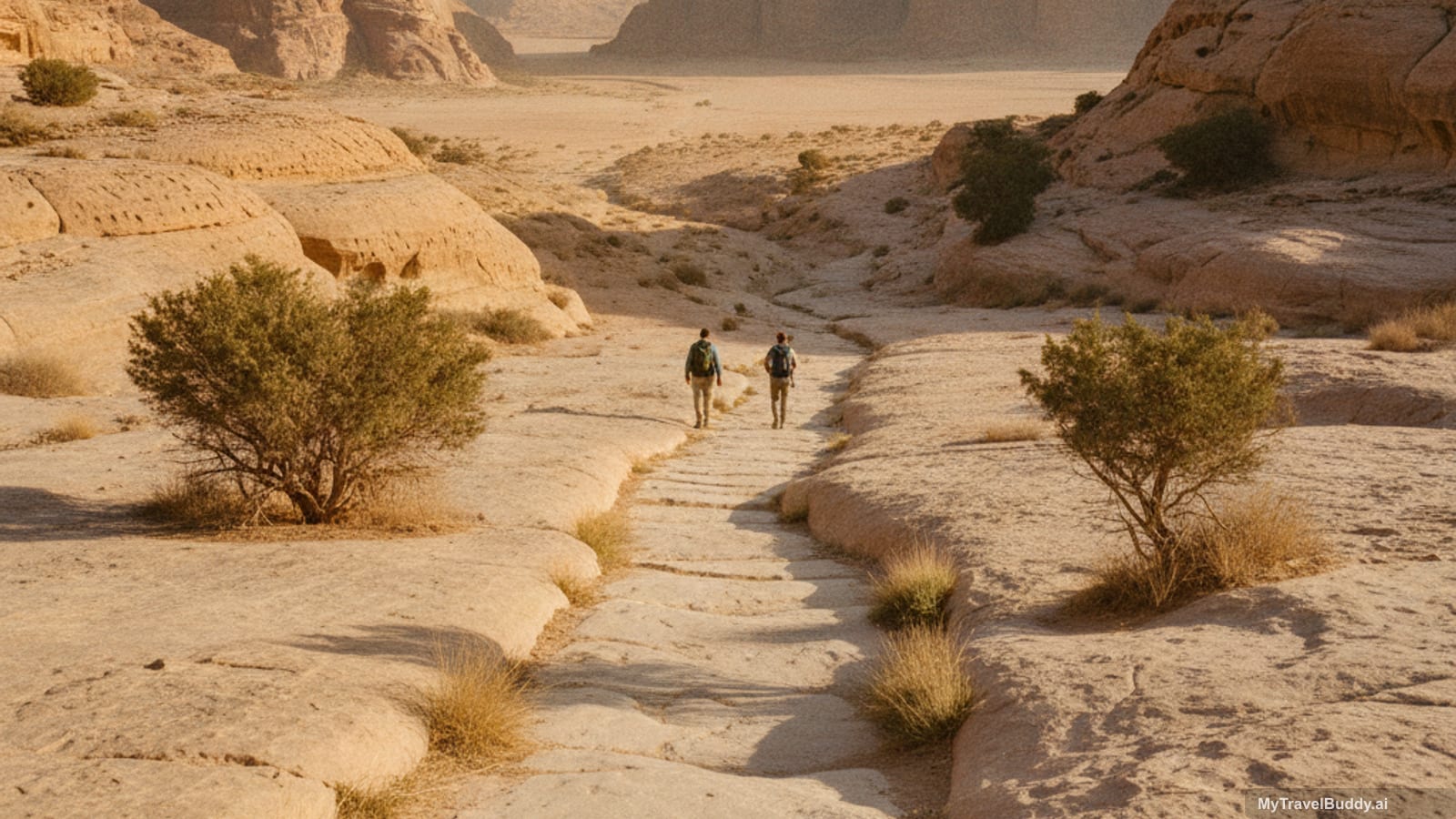 Early morning in the southern Jordan sandstone desert: a pale natural rock path runs down through weathered honey-coloured domes and cliffs with low junipers and dry grass along the edges, and two small hikers with daypacks walk away from the camera along the trail, with a wide dusty valley and layered cliffs behind them.