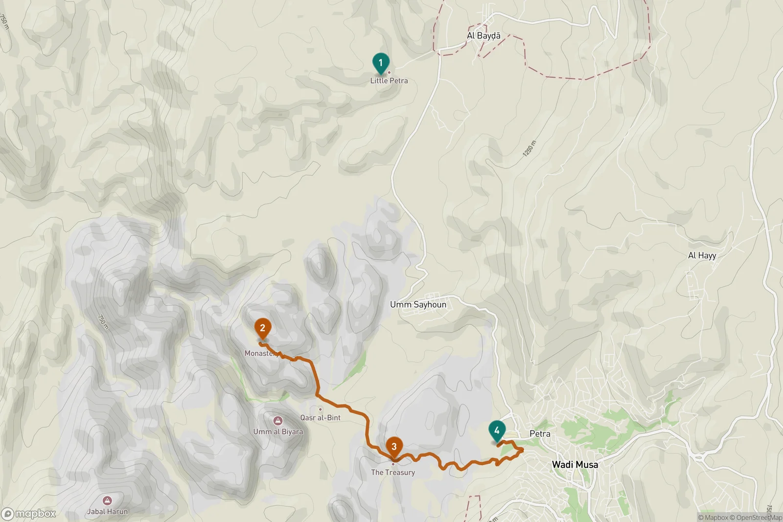 Terrain map of the Petra area with four numbered pins: 1 Little Petra to the north, 2 the Monastery in the western hills, 3 the Treasury, and 4 the Petra visitor centre in Wadi Musa, with the orange line tracing the walk down through the ruins and out through the Siq.