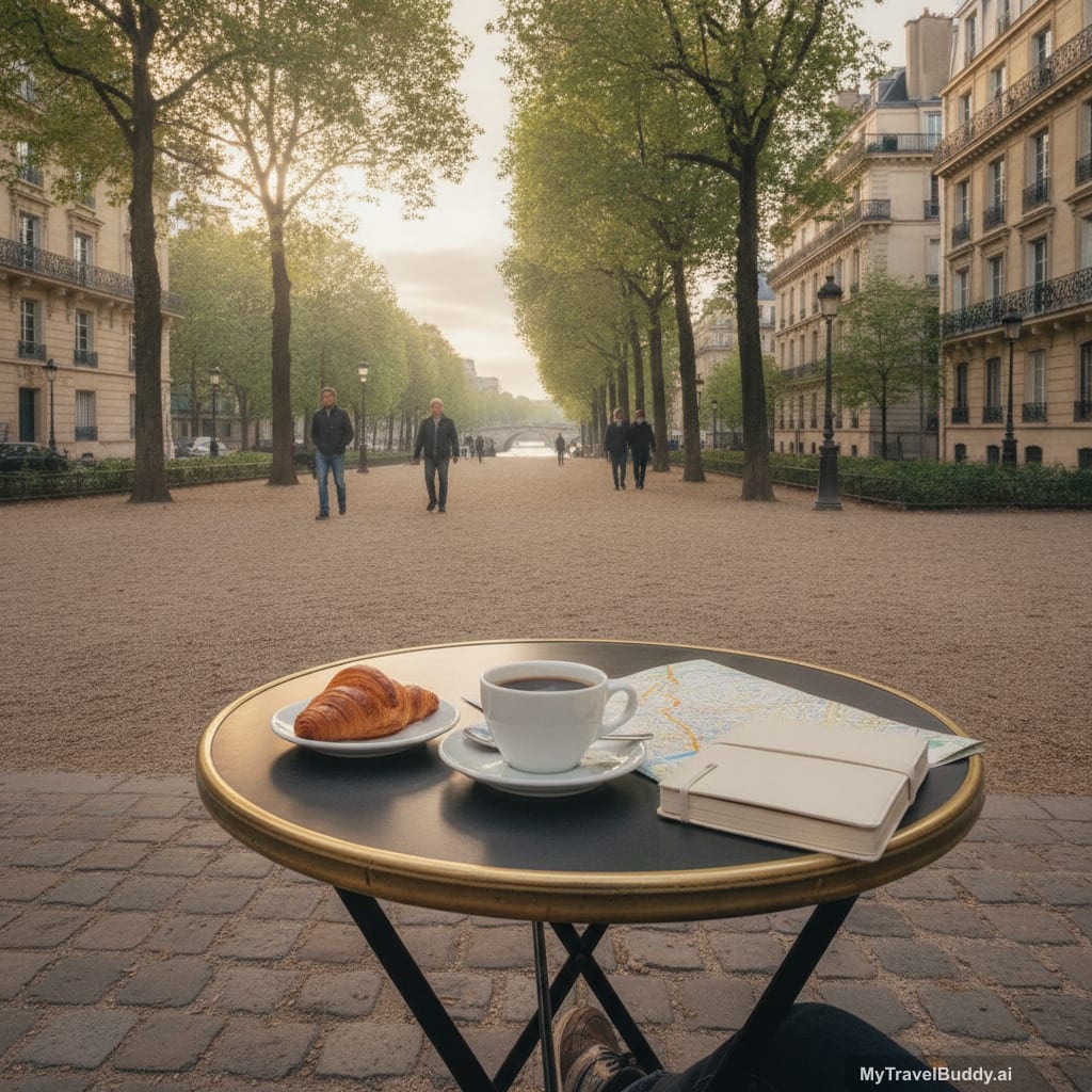 A quiet Paris cafe table with coffee, a croissant, notebook, and map beside a tree-lined garden path in soft morning light.