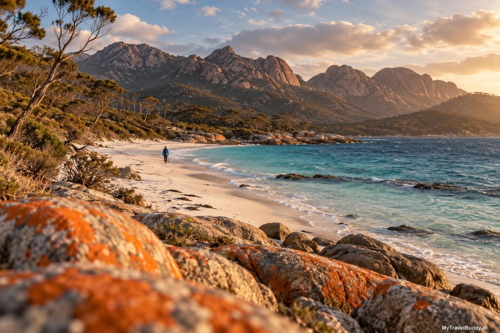 Late afternoon on a sheltered bay on Tasmania's east coast. Pink-grey granite peaks covered in low coastal scrub rise behind a long curve of white sand and clear turquoise water. In the foreground, large granite boulders are patched with vivid orange lichen. A single walker in a blue jacket crosses the empty beach in the middle distance, with eucalypts leaning along the shoreline and warm low sunlight laid across the water.