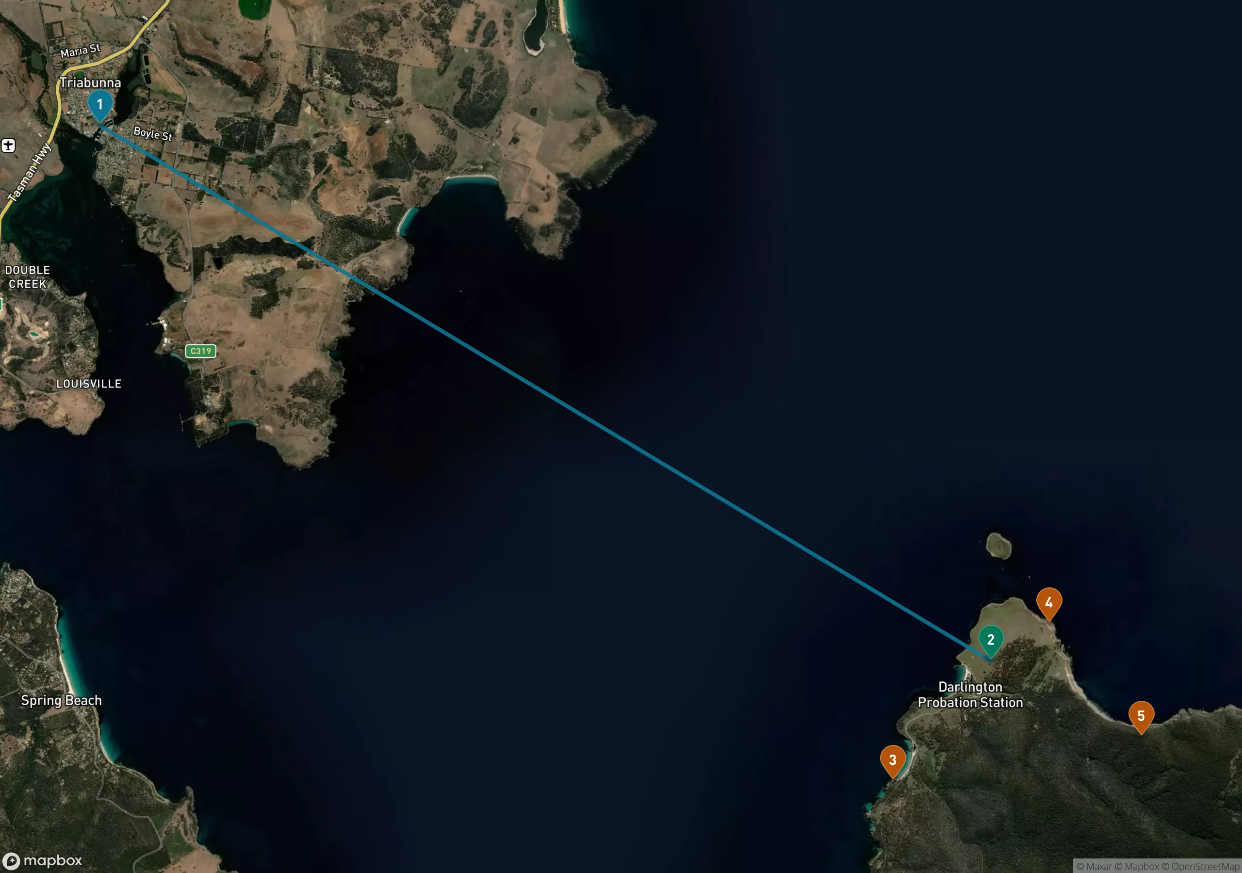Satellite map of the Mercury Passage on Tasmania's east coast. A teal line runs southeast from Triabunna Wharf, marked 1, across dark blue water to the Darlington jetty at the northern end of Maria Island, marked 2. On the island, the Painted Cliffs are marked 3 on the western shore, the Fossil Cliffs marked 4 on the northeastern headland, and the Bishop and Clerk track marked 5 on the eastern side.