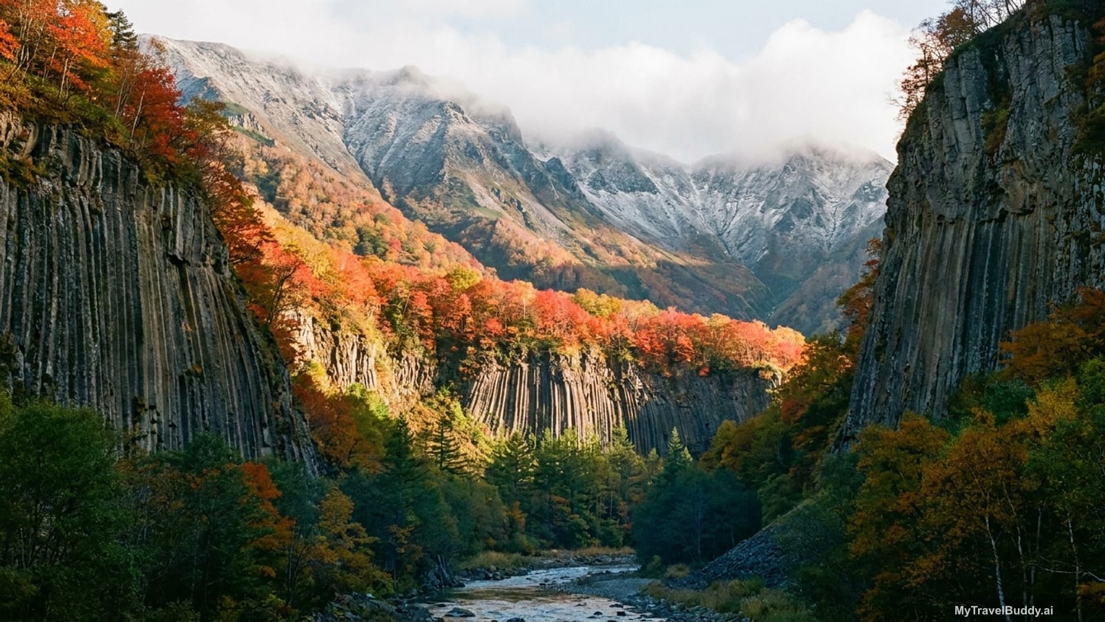 A narrow Japanese mountain gorge in early October. Sheer fluted columnar basalt cliffs rise on both sides of a shallow river. Autumn colour sits in a clear horizontal band partway up the slopes — crimson and orange rowan and birch across the mid-mountain — while the high ridgeline above is bare grey rock dusted with the first thin snow, and the valley floor beside the river is still deep green conifer.