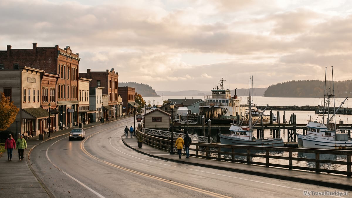 Port Townsend waterfront street with old brick buildings, harbor boats, and soft autumn light over the water.