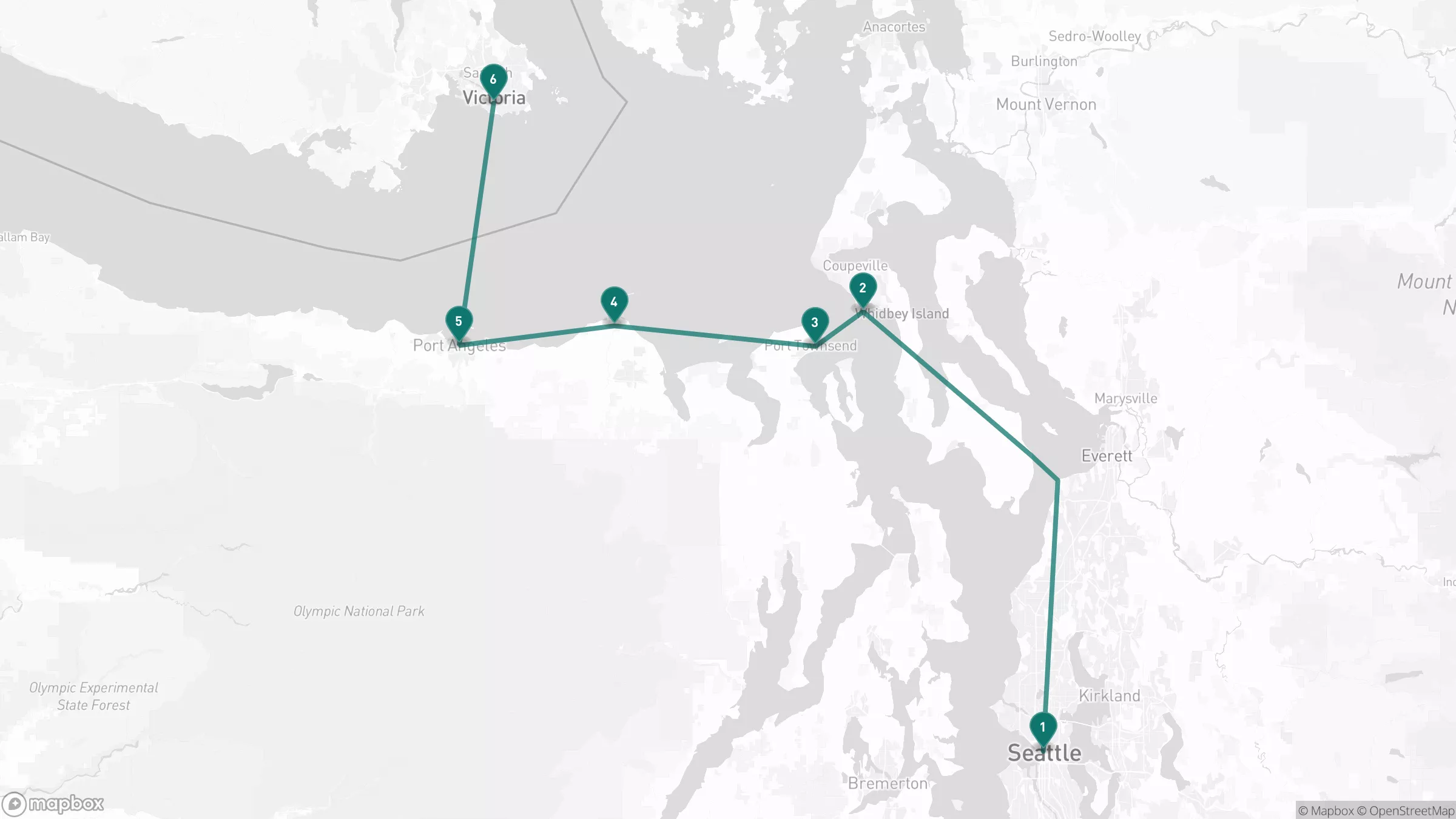 Map of the alternate ferry-and-road route from Seattle to Victoria through Whidbey Island, Port Townsend, Dungeness, and Port Angeles