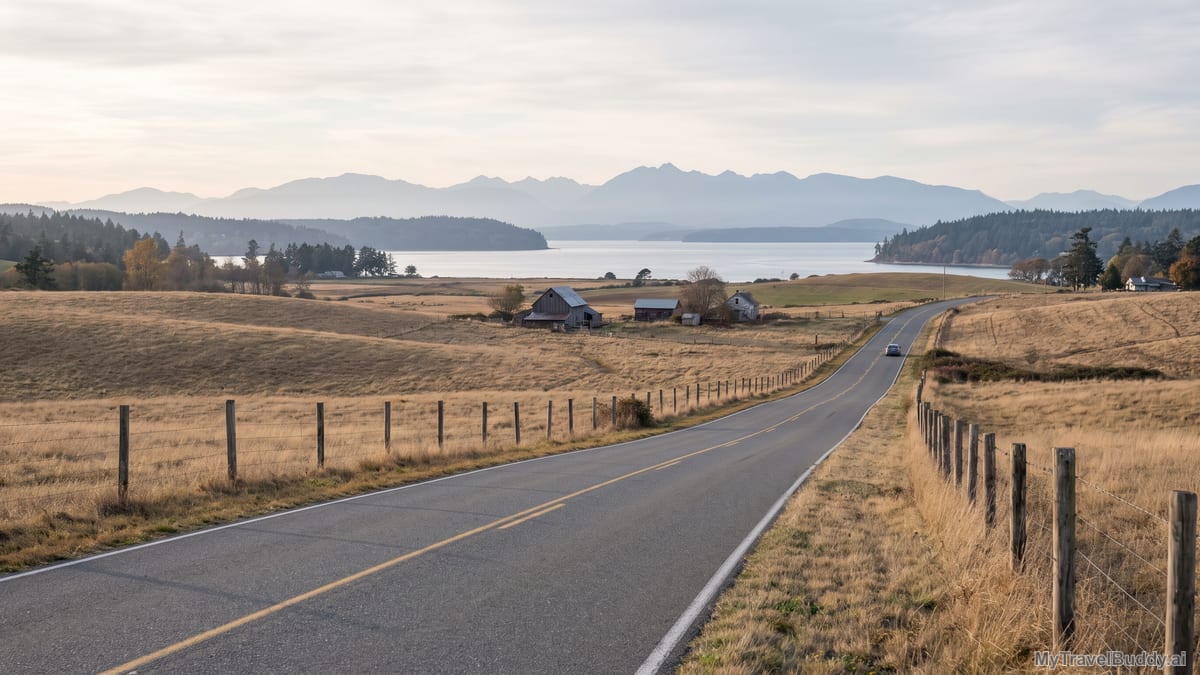 A quiet Whidbey Island road running through tawny fields toward water and distant Olympic Mountains.