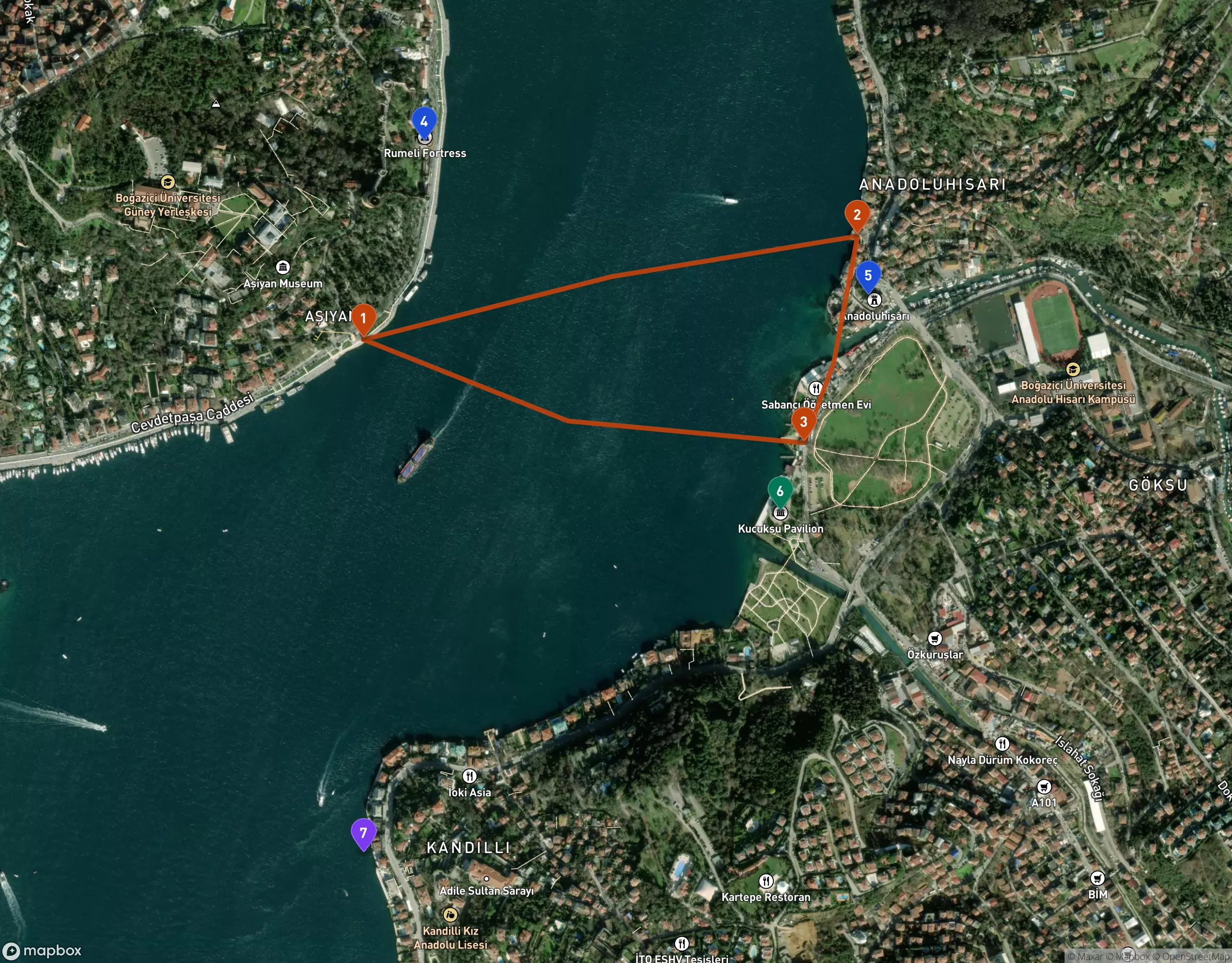 Satellite map of the narrowest stretch of the Bosphorus. An orange triangle traces a short ferry ring between Asiyan pier, marked 1 on the European shore, Anadolu Hisari pier, marked 2, and Kucuksu pier, marked 3, on the Asian shore. Rumeli Fortress is marked 4, Anadoluhisari fortress 5, Kucuksu Pavilion 6, and Kandilli Point 7.