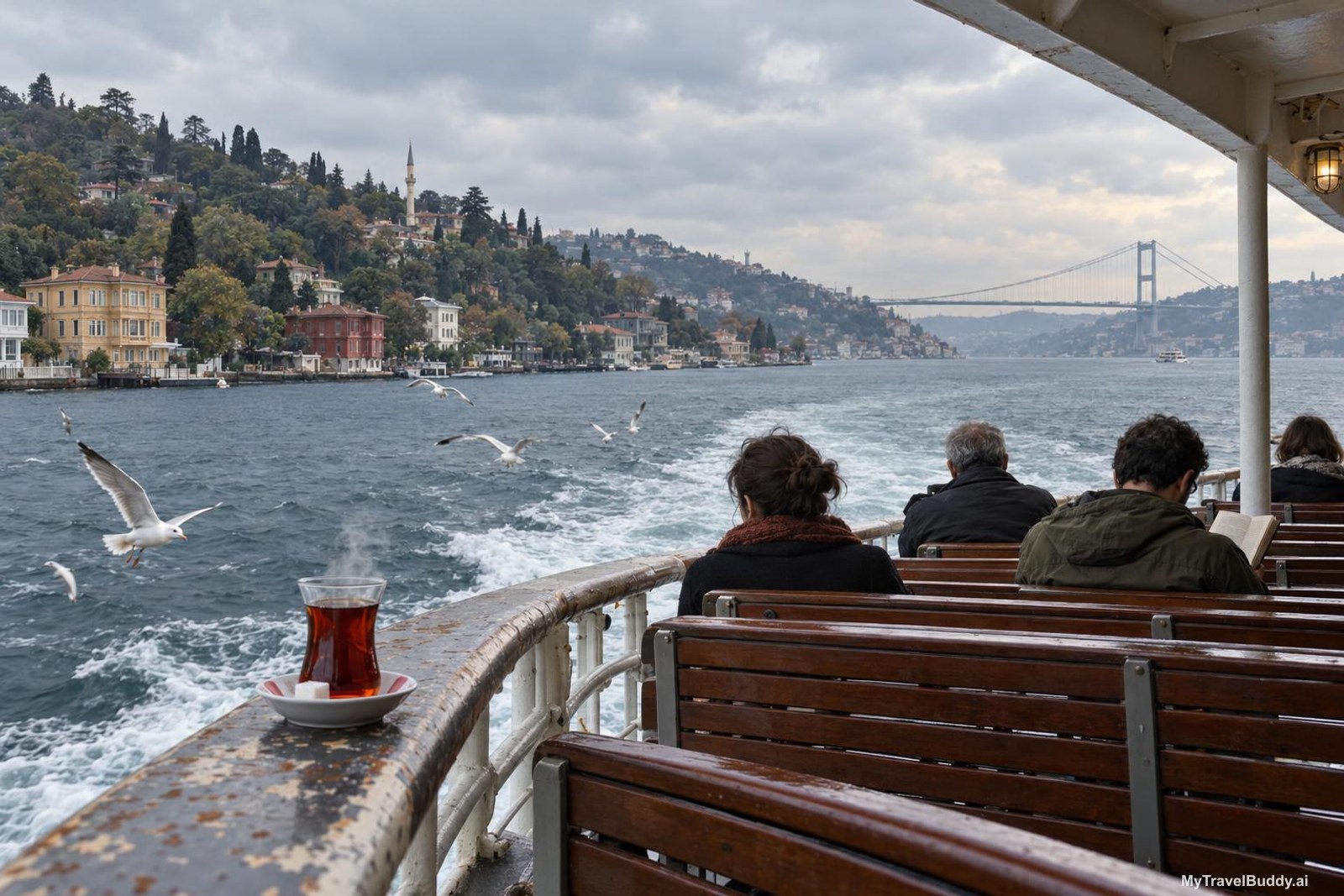 The open rear deck of an Istanbul commuter ferry crossing the Bosphorus on an overcast October morning. A tulip-shaped glass of black tea sits on a saucer on the weathered deck railing. Rows of varnished wooden benches hold a few commuters in autumn jackets, seen from behind. Seagulls glide alongside above the choppy grey water, with wooden waterfront mansions, a minaret and a distant suspension bridge on the wooded shore beyond.