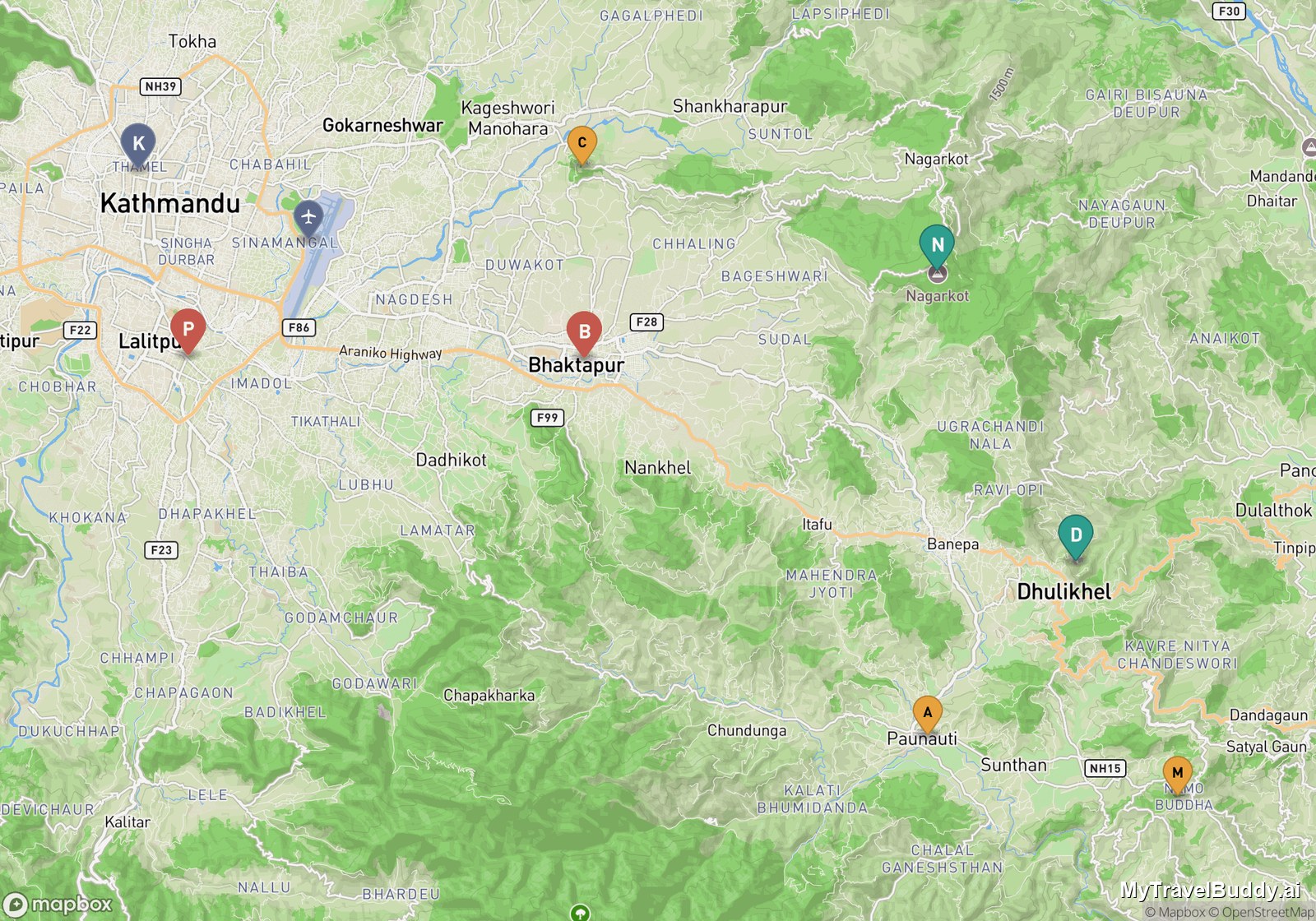 Map of the Kathmandu Valley showing Kathmandu and the airport in the centre, Patan just south, Bhaktapur to the east, Changu Narayan on its ridge to the north-east, and Nagarkot, Dhulikhel, Panauti and Namobuddha spread along the eastern rim.