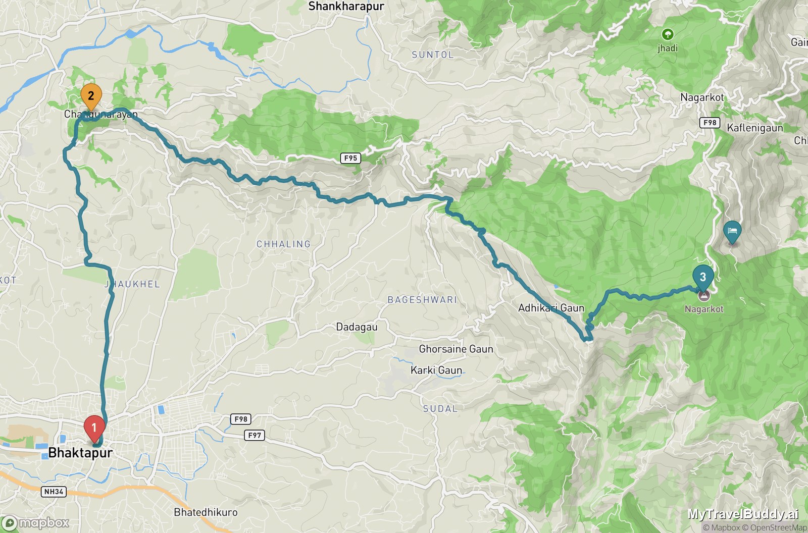Map of the walking route from Bhaktapur Durbar Square north to Changu Narayan on its ridge, then east along the hills to the Nagarkot viewpoint, with the hotel cluster marked just beyond.