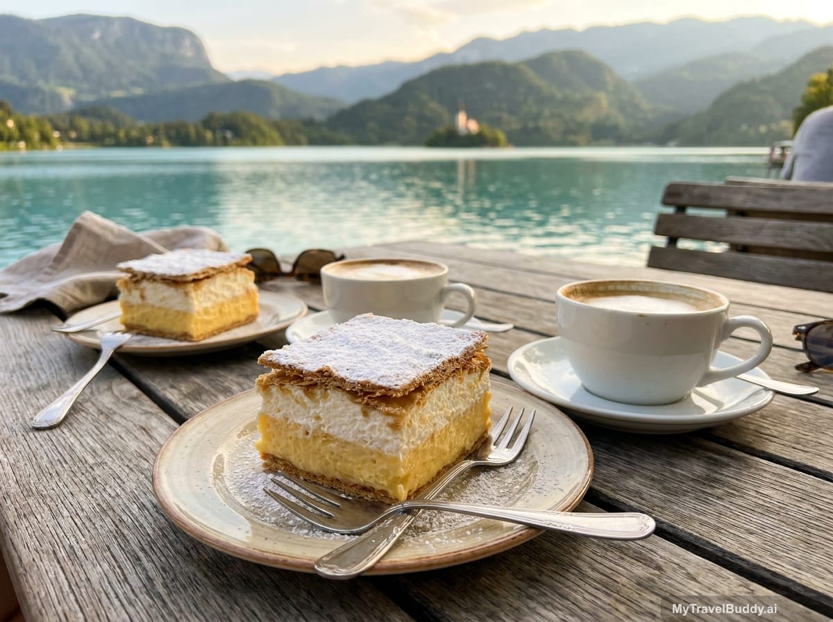 Two forks beside slices of Bled cream cake at a lakeside cafe table, with soft blue water and alpine light in the background.