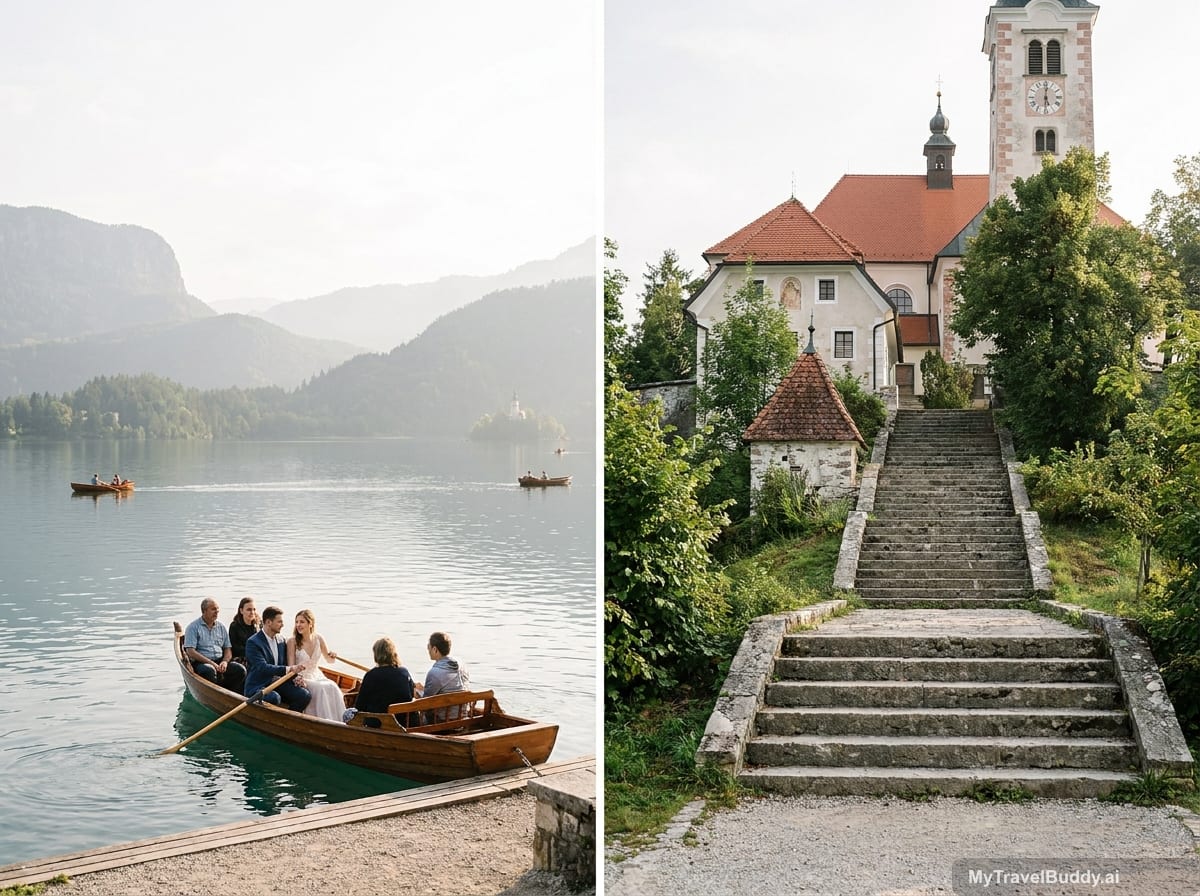 A wooden boat approaching Bled Island, with stone steps, the church tower, trees, and calm alpine water.