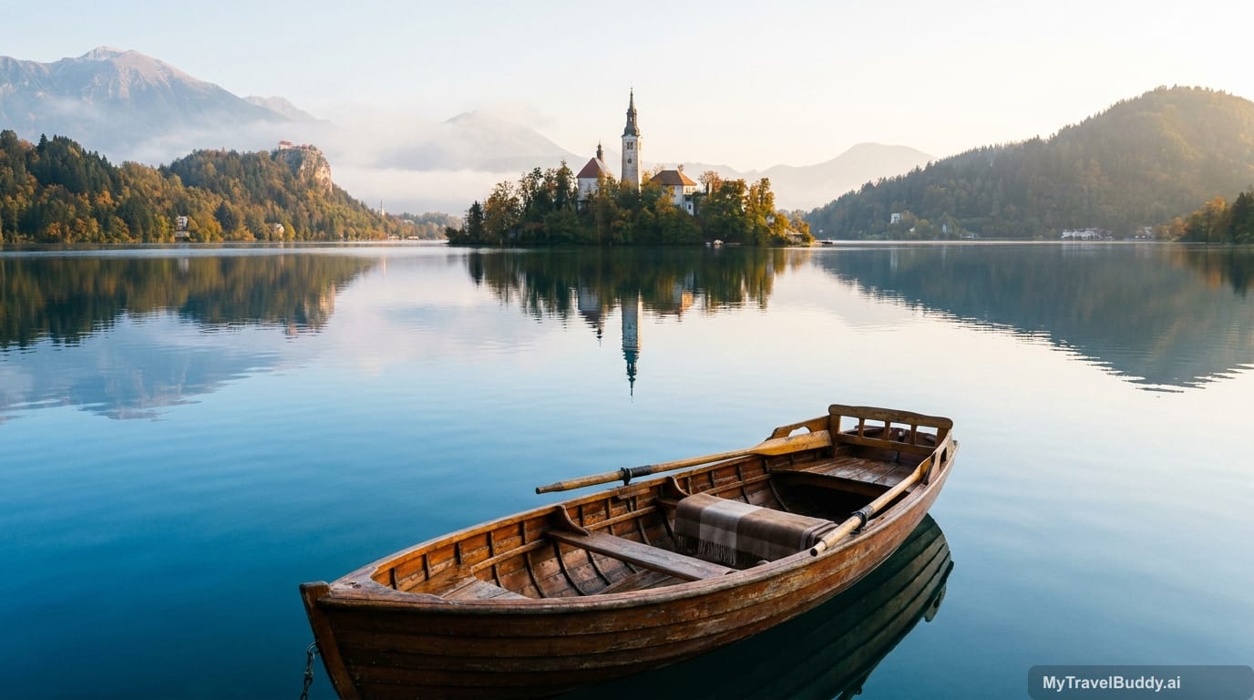 A quiet wooden rowboat on Lake Bled in soft morning light, with the island church, castle, and alpine hills reflected in blue water.