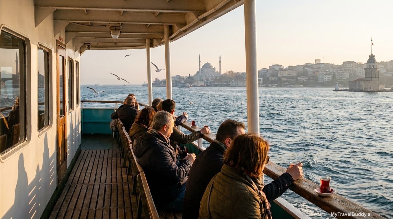 Passengers sitting along the wooden rail of the open rear deck of an Istanbul commuter ferry crossing the Bosphorus at golden hour, with glasses of Turkish tea on the rail, seagulls alongside, and the Üsküdar waterfront and Maiden's Tower in the distance.