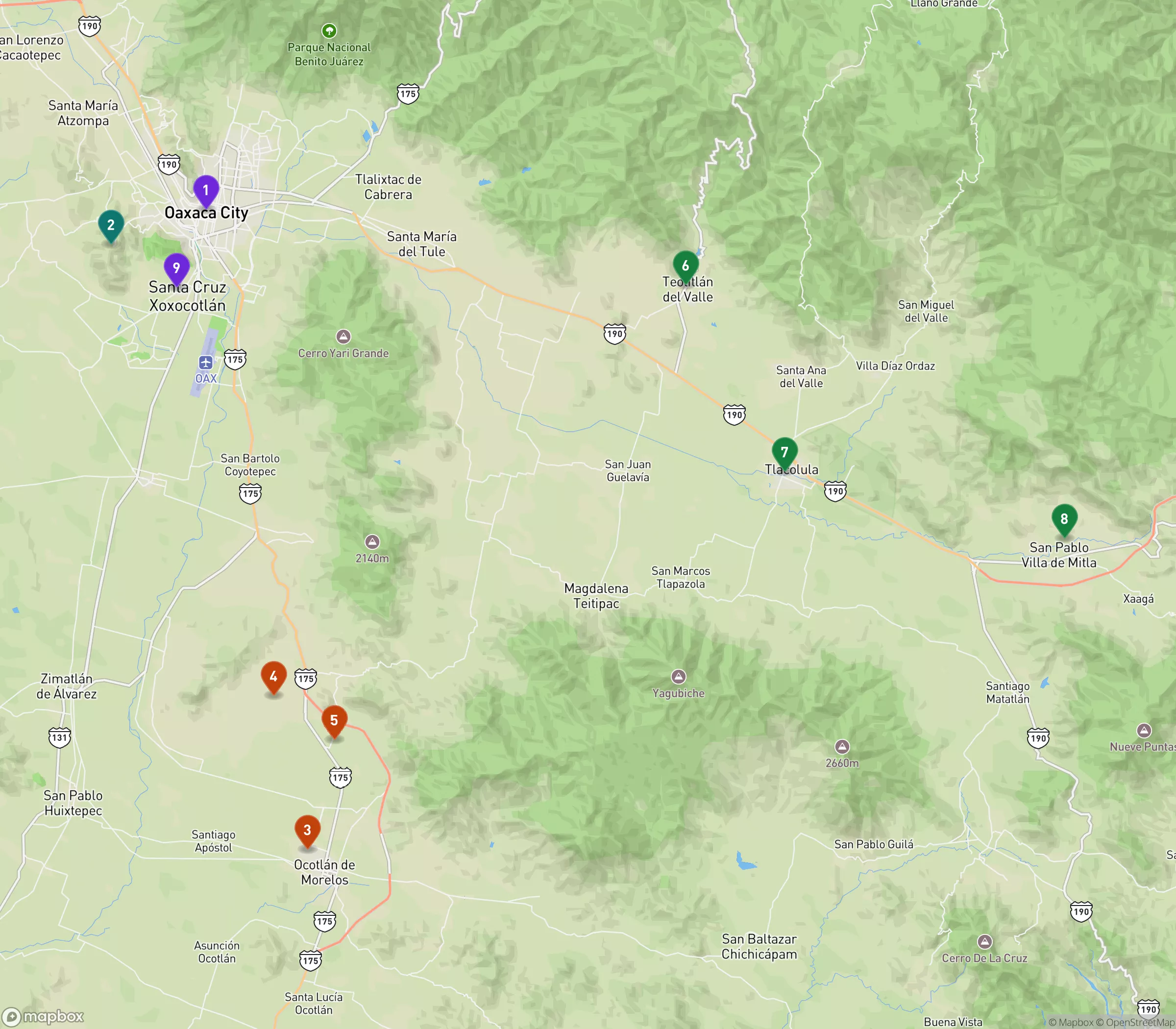 Topographic map of the Central Valleys of Oaxaca, Mexico. Numbered markers show Oaxaca city's Zocalo, marked 1, and Monte Alban, marked 2, in the centre; the southern flower villages San Antonino Castillo Velasco, marked 3, San Martin Tilcajete, marked 4, and Santo Tomas Jalieza, marked 5, down the Ocotlan road; Teotitlan del Valle, marked 6, Tlacolula, marked 7, and Mitla, marked 8, strung east along the valley; and the Xoxocotlan cemetery, marked 9, just south of the city.