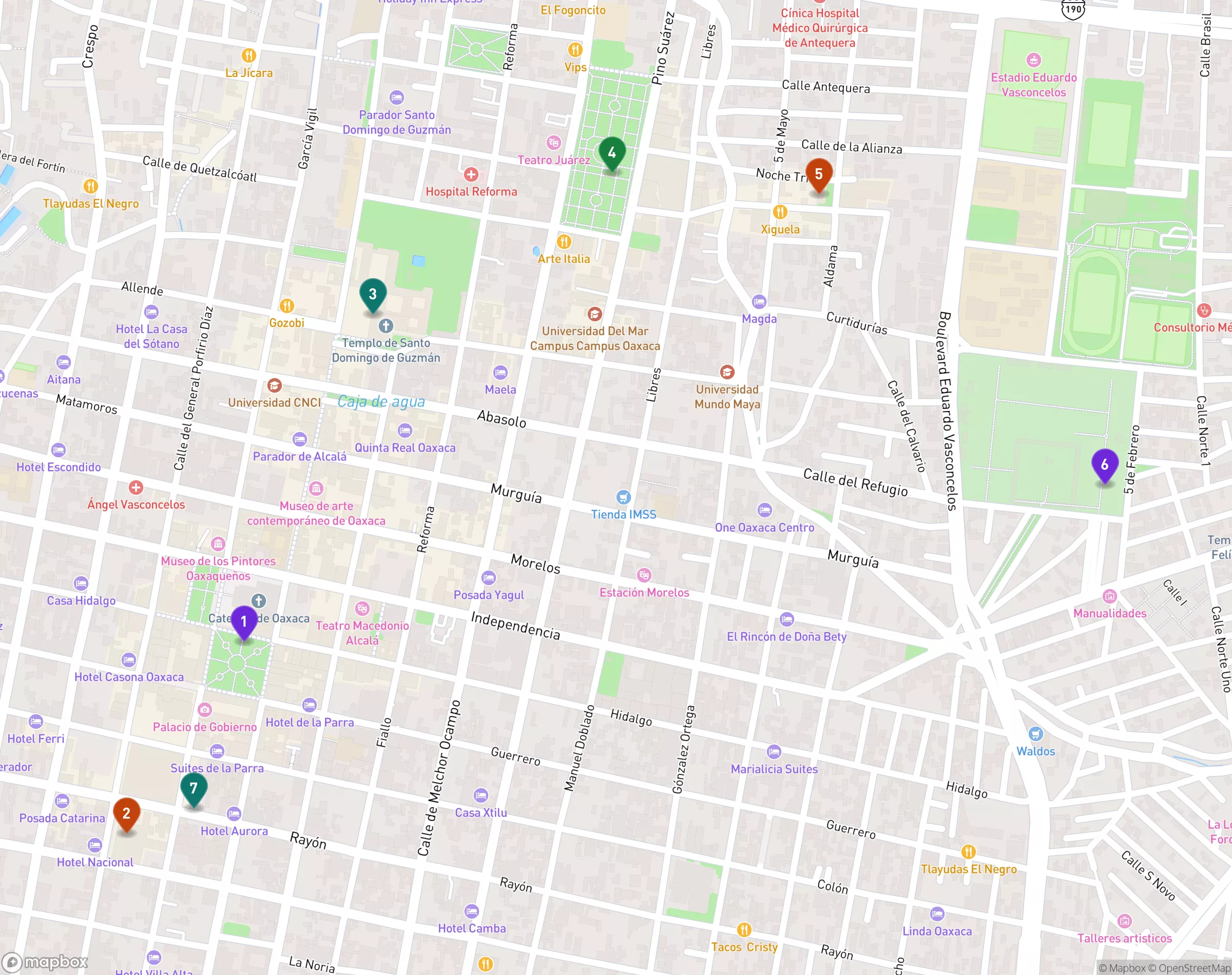 Street map of the historic centre of Oaxaca de Juarez. Numbered markers show the Zocalo, marked 1, and the Mercado 20 de Noviembre, marked 2, to the southwest; the Templo de Santo Domingo de Guzman, marked 3, north up the Alcala; the El Llano park, marked 4, and the Templo de San Matias in Jalatlaco, marked 5, to the northeast; the Panteon General, marked 6, further east; and the Real Alhondiga de Antequera, marked 7, southwest of the Zocalo.
