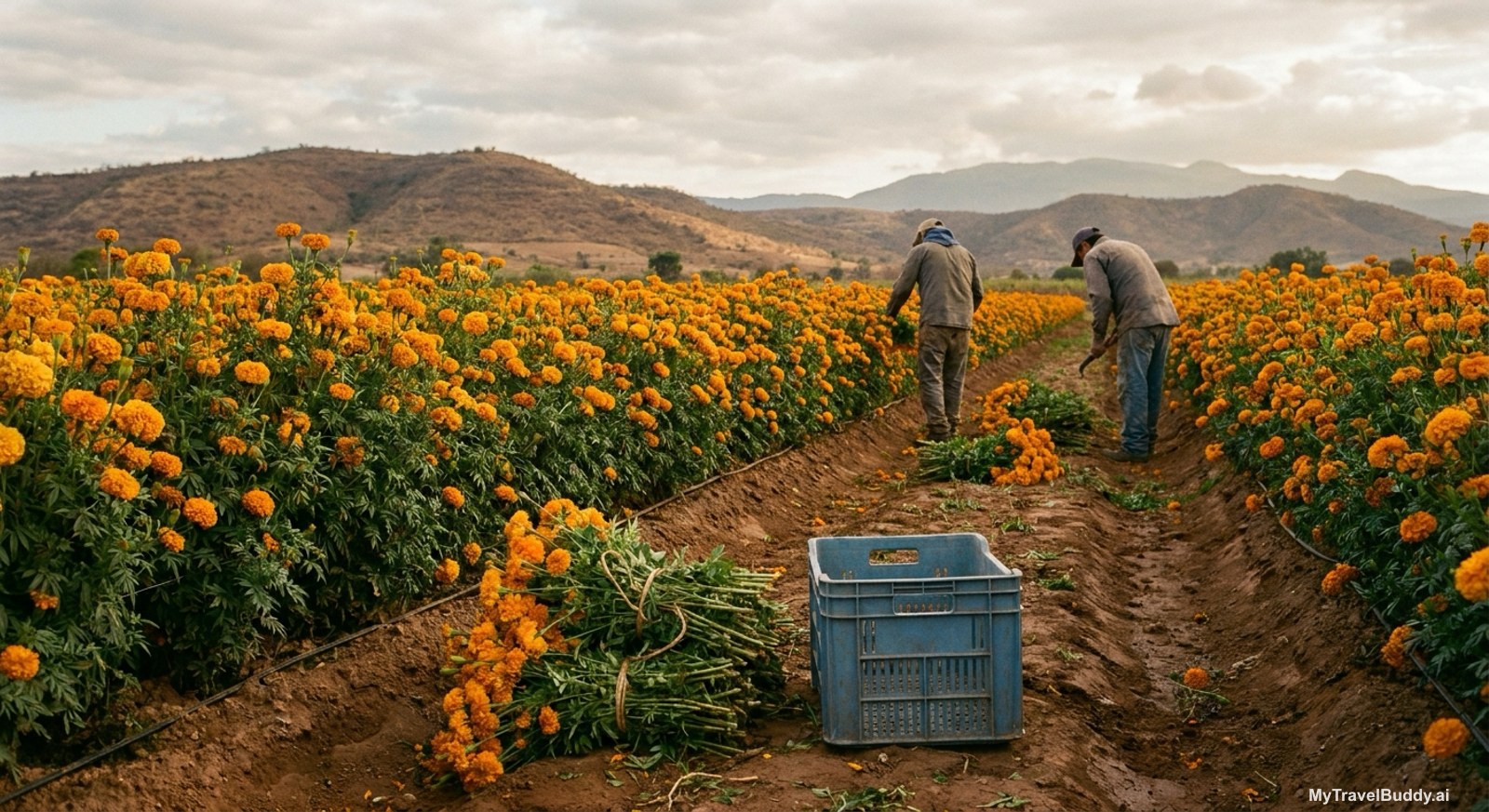 A marigold field in the Central Valleys of Oaxaca during the late-October harvest. Dense rows of deep orange and gold cempasuchil run in parallel furrows toward low dry brown hills under a soft overcast sky. Two farm workers in everyday work clothes, seen from behind and at a distance, bend over the rows cutting flowers. A bundle of cut marigolds tied with twine and a weathered blue plastic crate sit on the damp reddish soil in the foreground beside a black drip irrigation line.