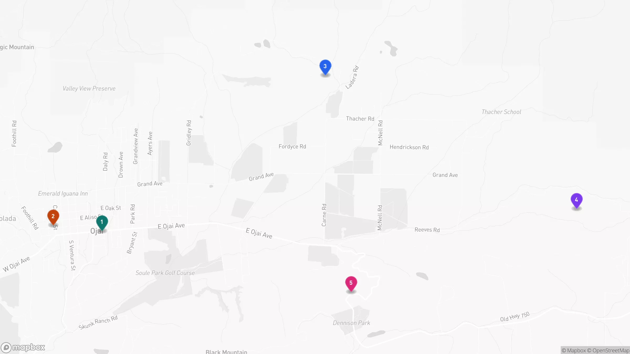 Static map of Ojai with numbered markers for The Dutchess, Barts Books, Ojai Olive Oil, Meditation Mount, and the scenic overlook.
