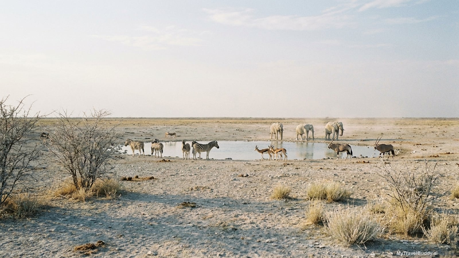 A waterhole in Etosha National Park, Namibia, at the end of the dry season. Pale chalky calcrete ground stretches flat to a dead-level horizon under a huge pale sky. A shallow pool sits in the middle distance with zebra, springbok and two oryx standing around its edge, and three dust-pale elephants beyond it. Bleached straw grass and leafless thorn scrub in the foreground.