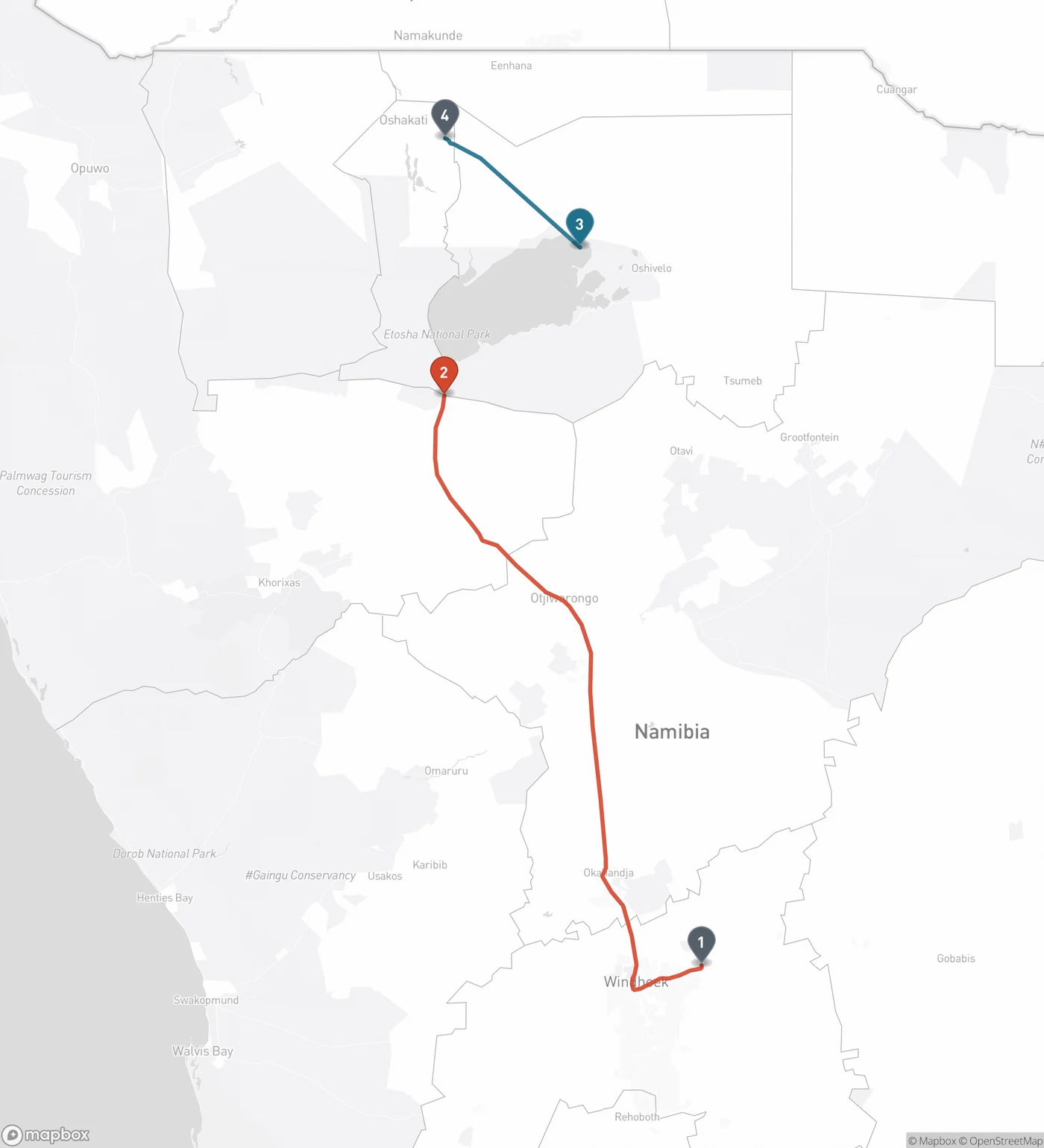 Locator map of northern Namibia. A red line runs from Windhoek and Hosea Kutako International Airport in the south, north through Okahandja and Otjiwarongo, to the Andersson Gate on the southern edge of Etosha National Park. A second blue line runs south-east from Ondangwa and Oshakati in the far north to the King Nehale Gate on the park's northern boundary. The pale grey shape of the Etosha Pan is visible inside the park.