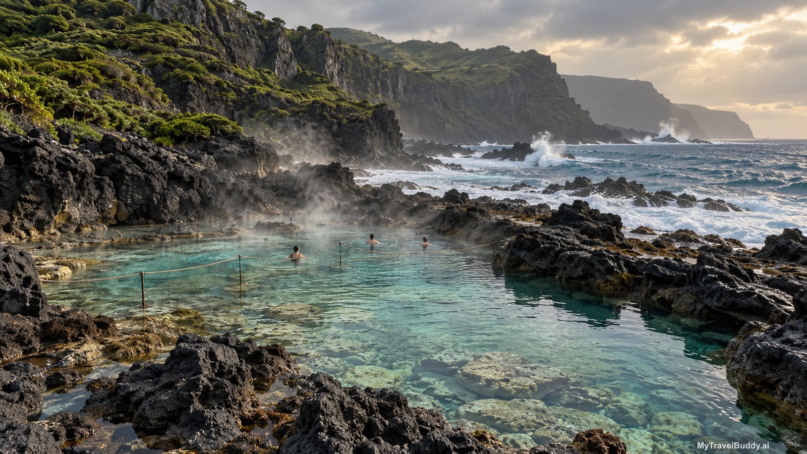 A natural geothermal sea pool on a volcanic Atlantic coastline in the Azores. A shallow basin of clear turquoise-green water is enclosed by jagged black basalt, with faint steam drifting off the surface and a weathered rope strung across the pool on low stanchions as a handhold. Three distant swimmers sit in the water. Beyond the basin the open Atlantic breaks white against the rocks, and steep green-topped basalt cliffs rise behind under a soft overcast sky.
