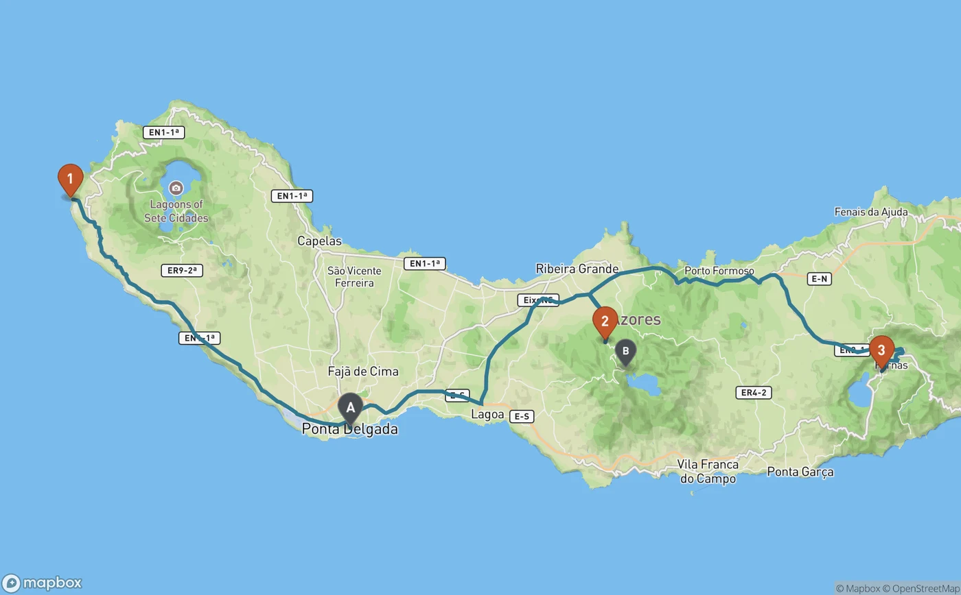 Map of São Miguel island in the Azores, showing a teal driving route west from Ponta Delgada along the south coast to pin 1 at Ponta da Ferraria on the island's western tip, and a second route running east from Ponta Delgada through pin 2 at Caldeira Velha in the central highlands near Lagoa do Fogo, continuing to pin 3 at Furnas in the east of the island.