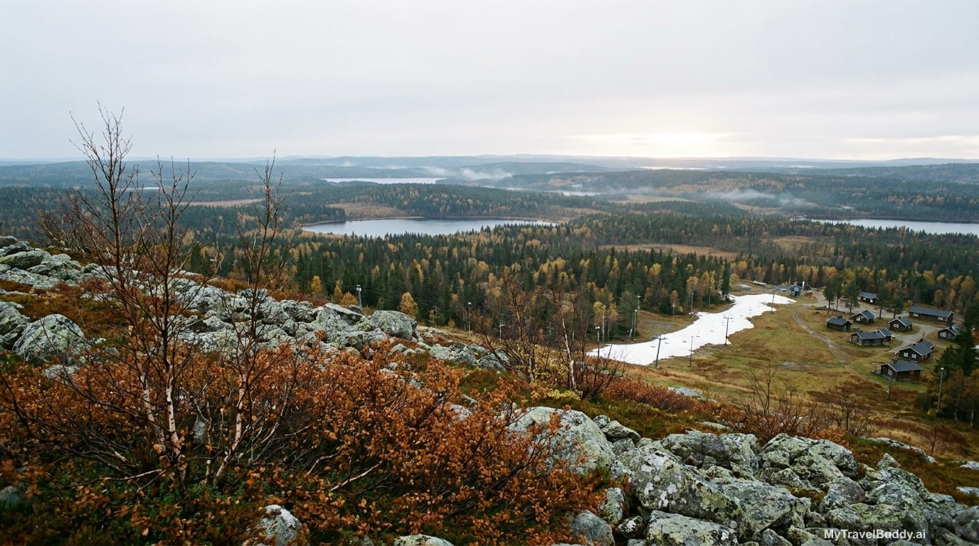 View from the open, boulder-strewn summit of a low northern Finnish fell in early October: dwarf birch turned rust and copper in the foreground, dark spruce forest and flat blue lakes stretching to the horizon under a soft grey overcast sky, and far below on a neighbouring slope a single narrow ribbon of white snow beside a chairlift line and a cluster of dark wooden cabins.