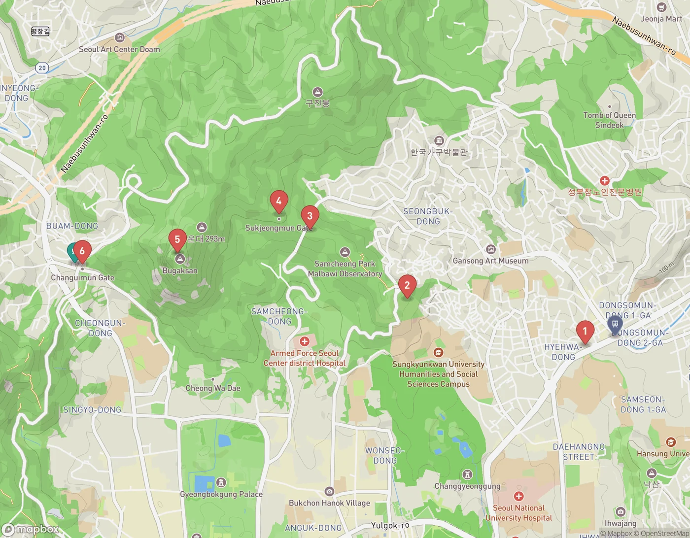 Map of the Baegak section of the Seoul City Wall, numbered 1 to 6 west from Hyehwamun Gate through Waryong Park, the Malbawi information centre, Sukjeongmun Gate and the Baegakmaru summit to Changuimun Gate.