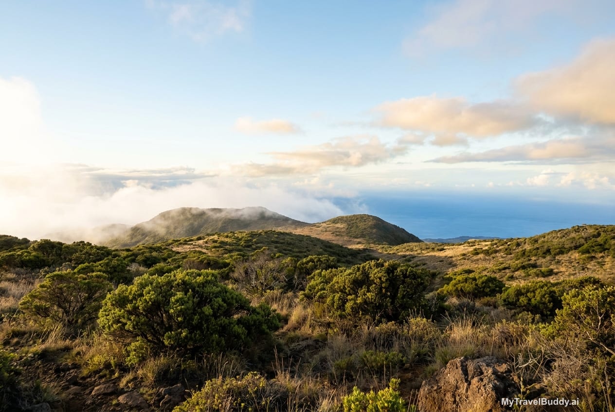 Warm highland light above clouds and open slopes on Maui.