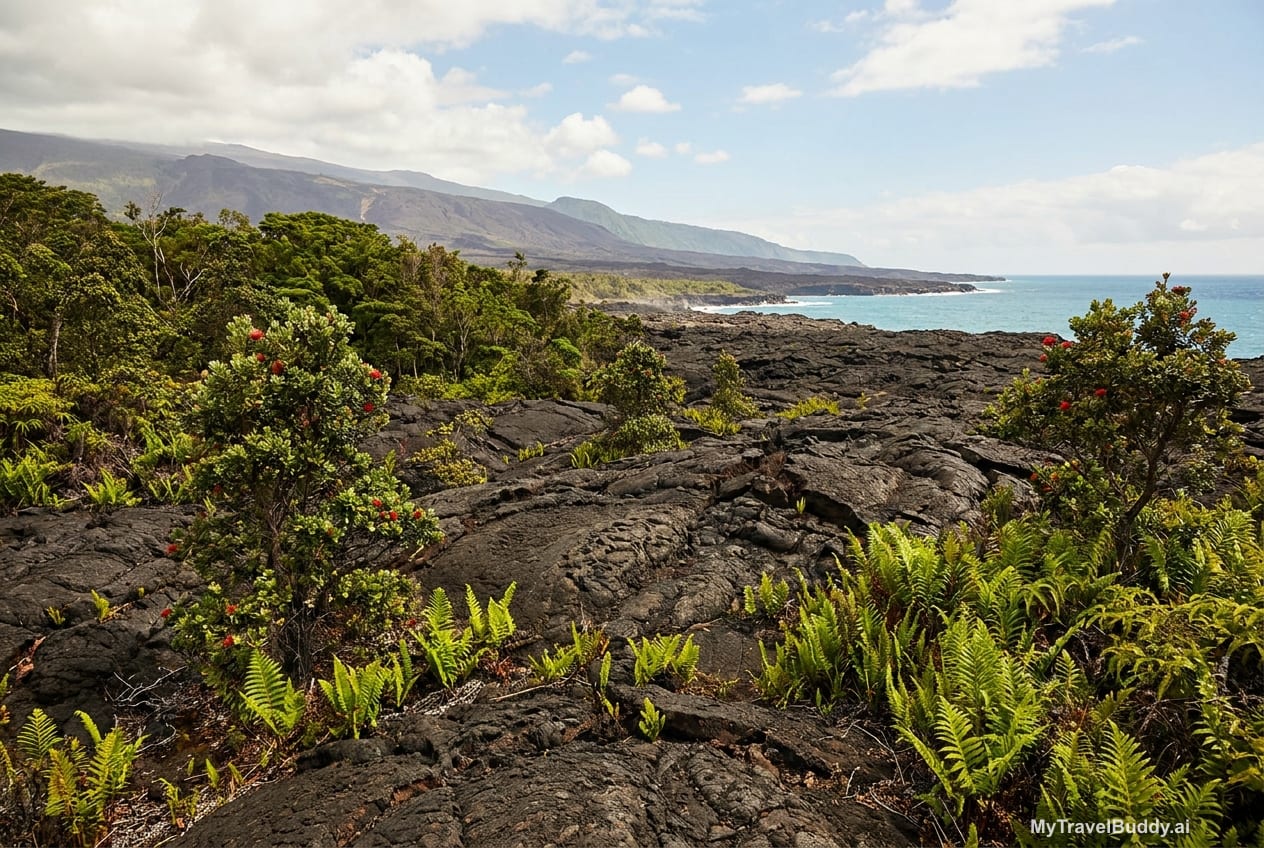 Black lava, new green growth, volcanic slopes, and Pacific light on Hawaiʻi Island.